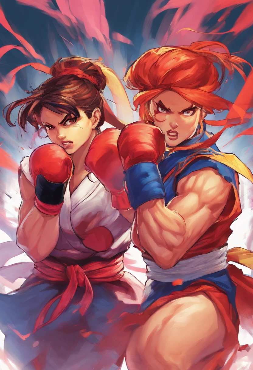 2girls,(fighting stance),face to face,angry,