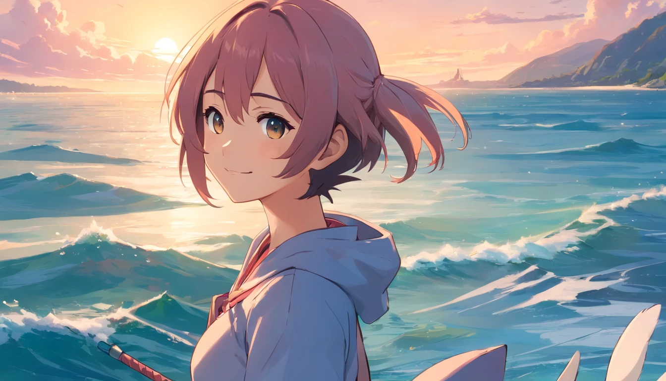 edgBunny，Cute cartoon avatar illustration，No gender，The background is the sea，is shy, a smile, Hair is pink, big breasts, holds a sword,