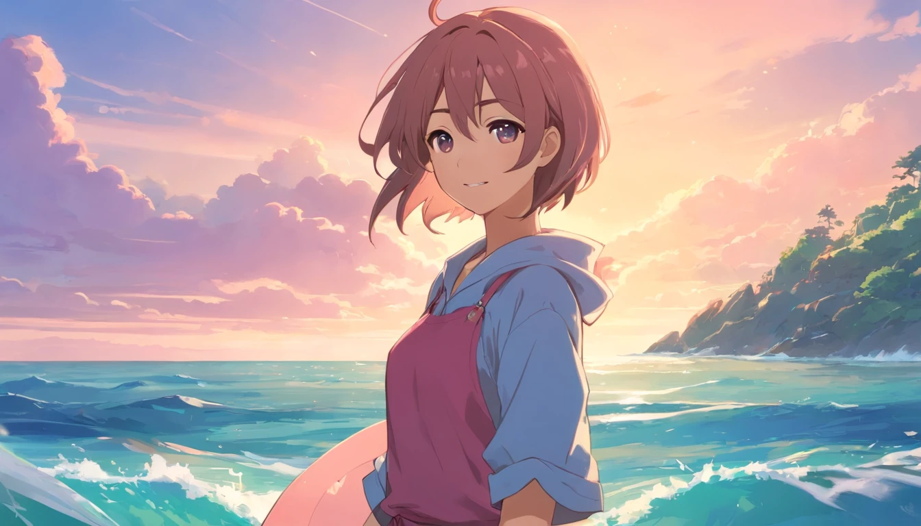 edgBunny，Cute cartoon avatar illustration，No gender，The background is the sea，is shy, a smile, Hair is pink, big breasts, holds a sword,