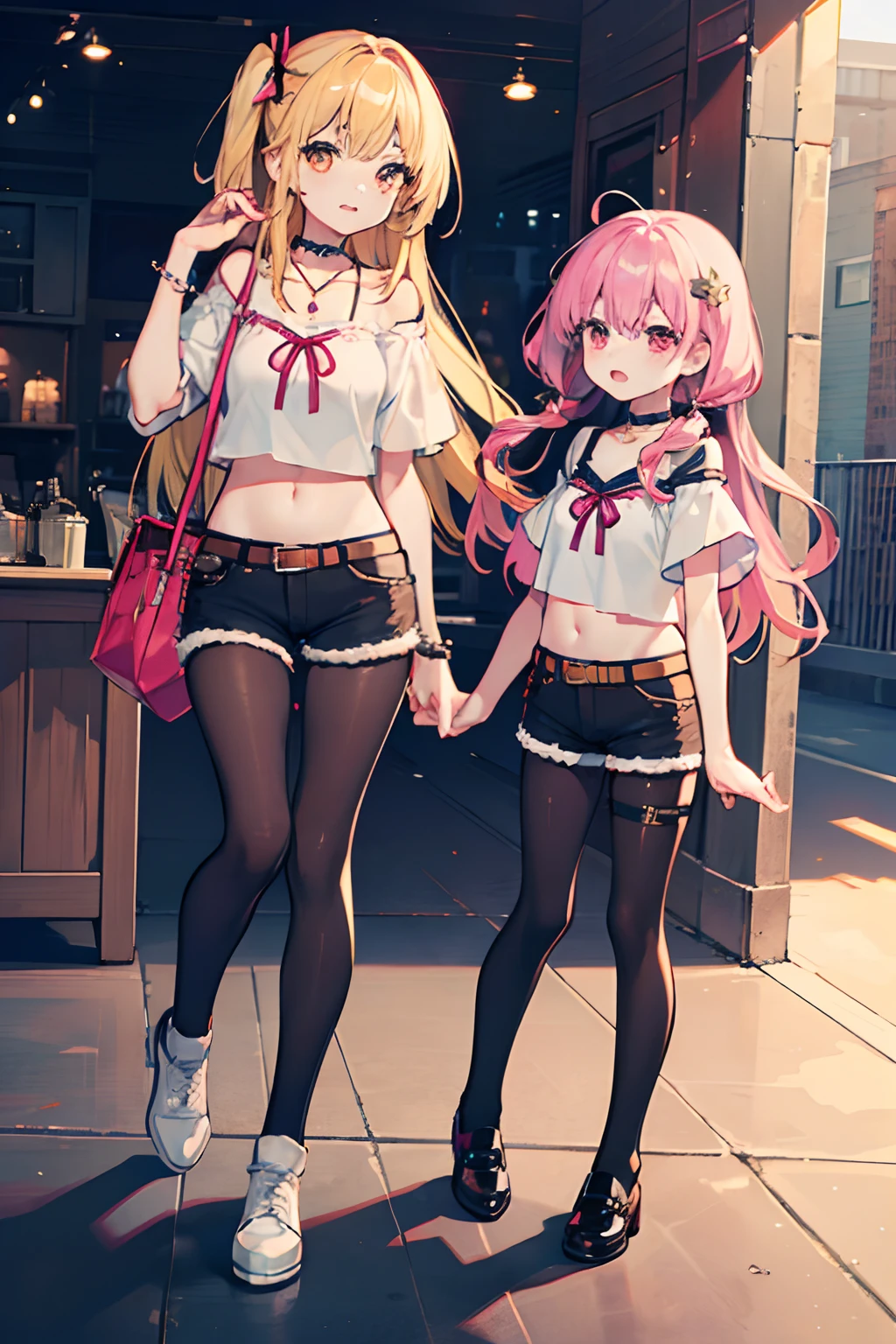 ,twins, Masterpiece,Best quality,offcial art,Extremely detailed Cg Unity 8K wallpaper, 2girls, cute female *****,  hair adornments, Short shorts, Crop top, ribbon_choker necklace, leg belt,Pantyhose