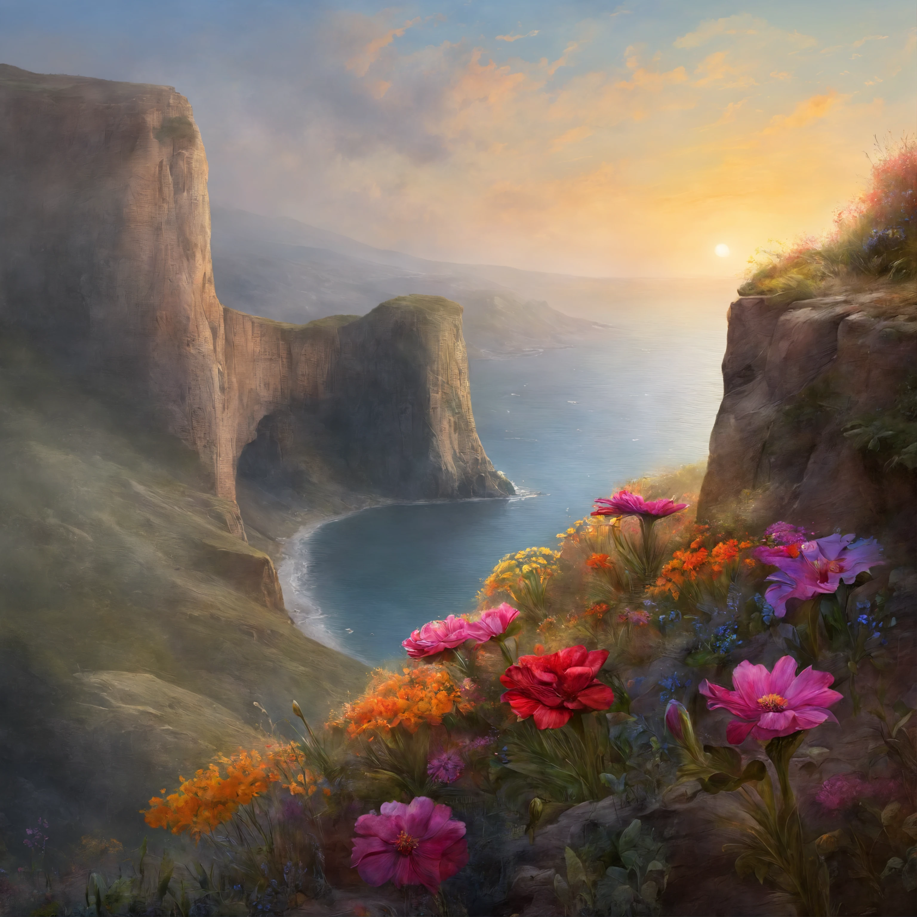a cliff many flowers, colorful flowers, beautiful sky, matte painting 8k, matte paint 8K, vertical wallpaper 8K, vertical wallpaper 8K, vertical wallpaper 4K, vertical wallpaper 4K, lost series, realistic fantasy rendering, digital painting with 8K resolution, digital painting with 8K resolution, Jessica Rossier fantasy art, 4K rendered matte painting, matte paint rendered in 3D