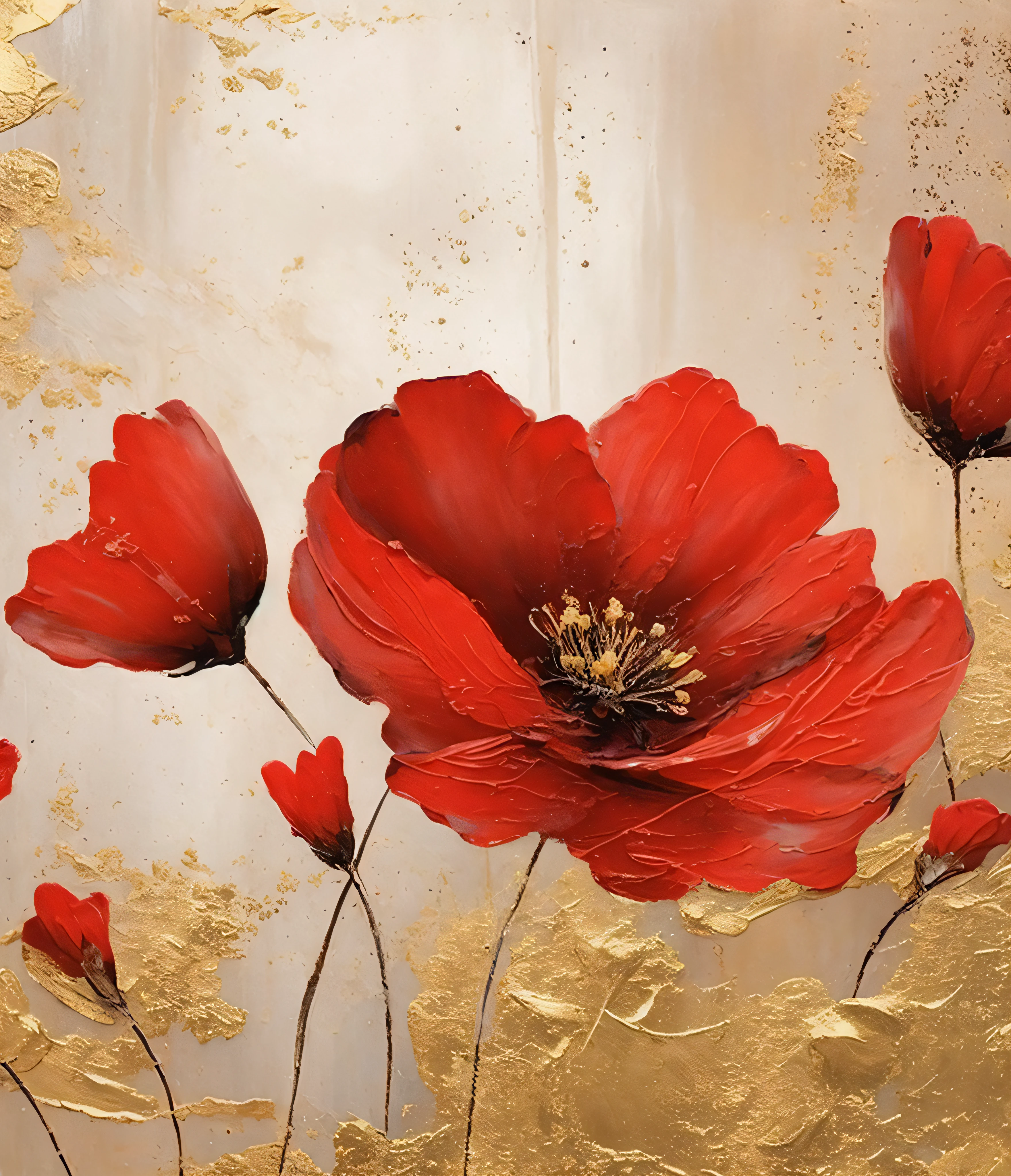 pintura de flores vermelhas em um fundo dourado com um fundo branco, papoilas vermelhas, Papoilas, vibe de flores vermelhas celestiais, flores vermelhas, detalhes de cor vermelha e dourada, flores e ouro, flores em flocos de ouro, vermelho e dourado, flores de ouro, ouro e vermelho, Sakimi, pintura elegante e refinada, acentos de vermelho, Olhando para cima. Papoilas, Flores douradas