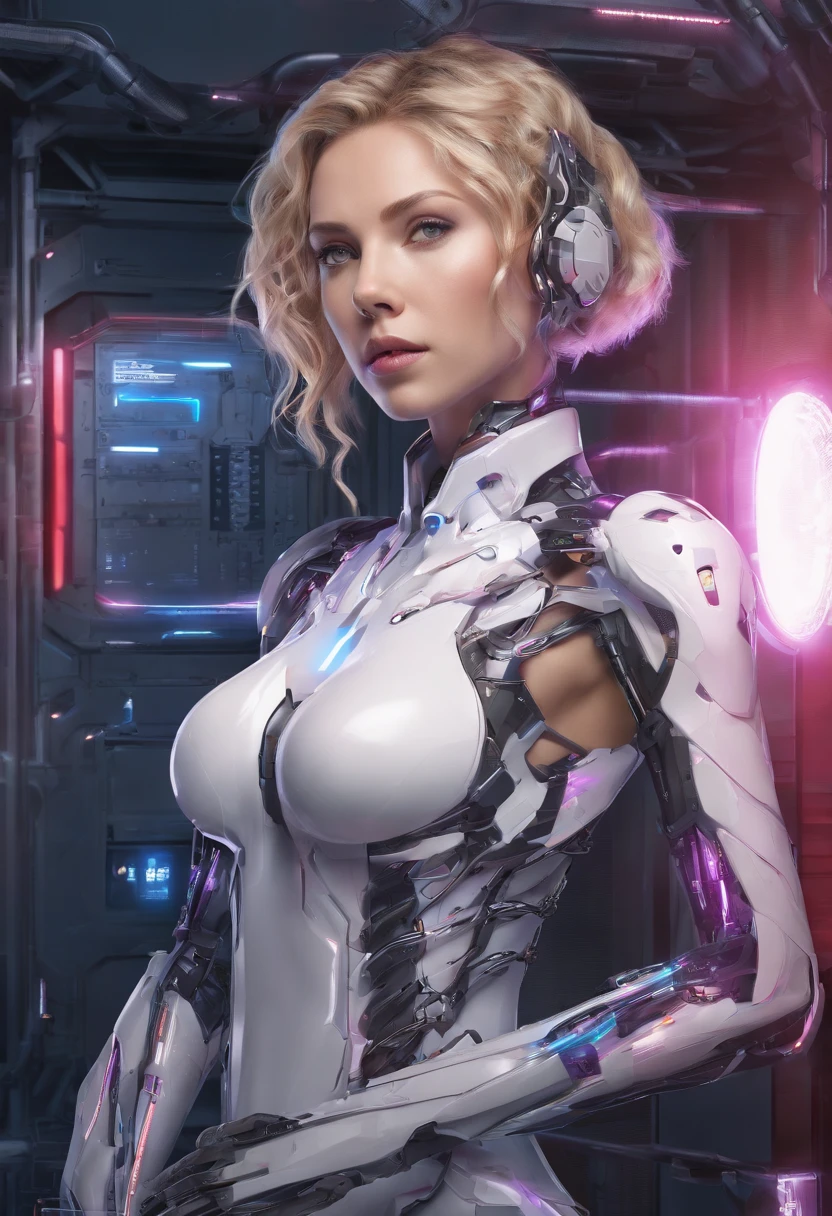 scarlett johansson, Top Quality, Masterpiece, Ultra High Resolution, (Photorealistic: 1.4), Raw Photo, 1 Girl, Blonde Hair, Glossy Skin, 1 Mechanical Girl, (Ultra Realistic Details)), Standing in cyberpunk Jail Cell, Global Illumination, Shadows, Octane Rendering, 8K, Ultra Sharp, Big, Cleavage Exposed Raw Skin, Metal, Intricate Ornament Details, Egyptian Details, Very intricate details, realistic light, CGSoation trend, purple eyes, glowing eyes, facing the camera, neon details, mechanical limbs, blood vessels connected to the tube, mechanical vertebrae attached to the back, mechanical cervical attachment to the neck, sitting, wires and cables connecting to the head, evangelion, small LED lamp, bright red Hitomi, indoor, (on_back), avrola prisoner, metal collar, shackles, slave, chains, shackles