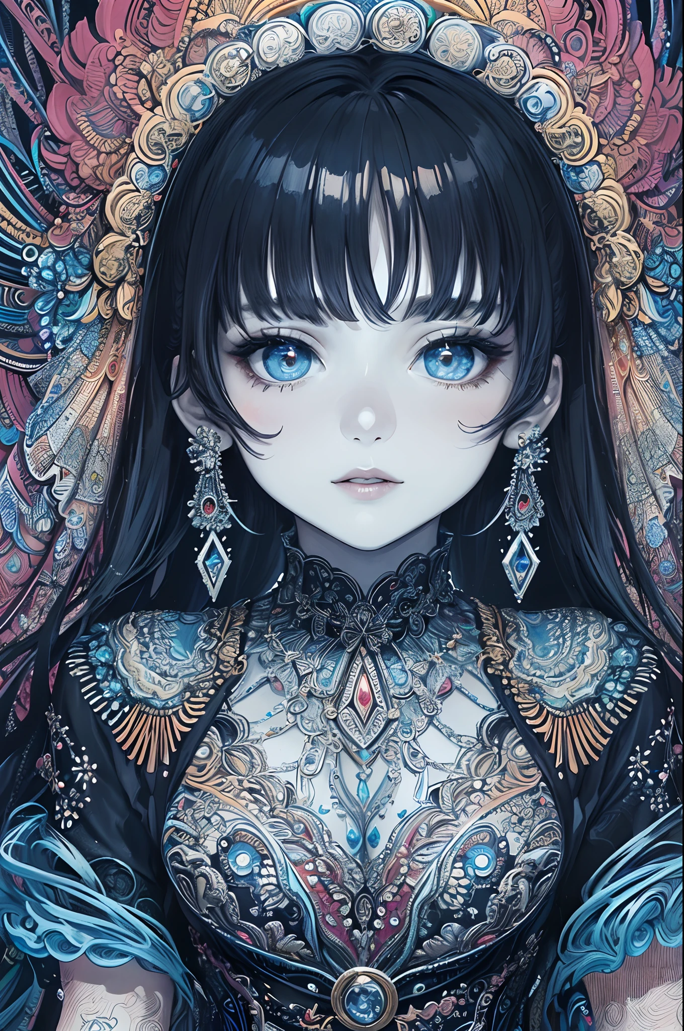 (masterpiece, top quality, best quality, official art, beautiful and aesthetic:1.2), (1girl:1.3), extremely detailed,(fractal art:1.2),colorful,highest detailed,(zentangle:1.2), (dynamic pose), (abstract background:1.5), (treditional dress:1.2), (shiny skin), (many colors:1.4), upper body