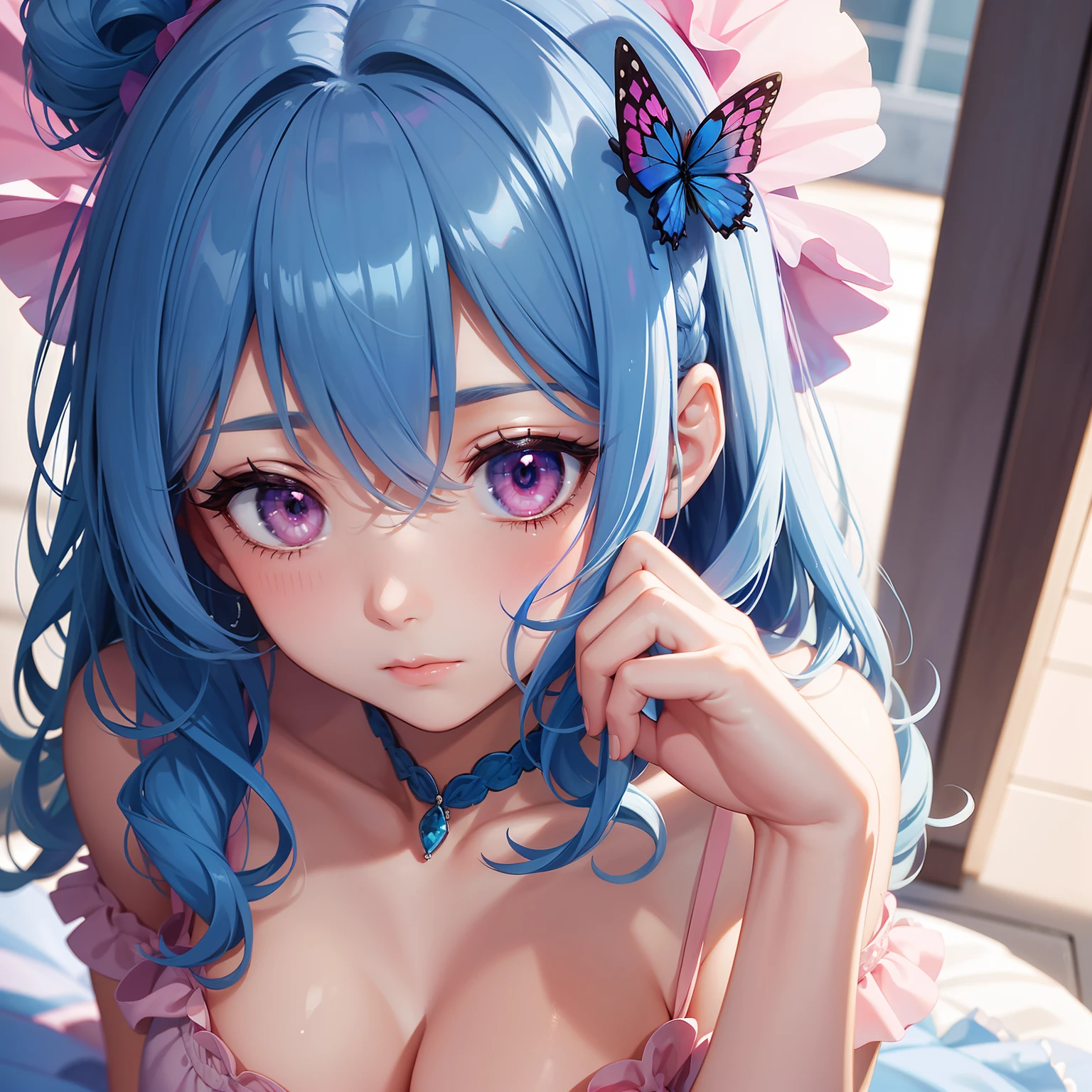 a women, blue butterfly, blue hair, pink eyes, pink dress