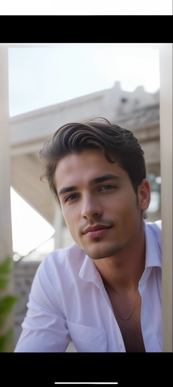 Cinematic soft lighting illuminates an incredibly detailed and ultra-realistic Greek male supermodel, visual praiano, vestindo camisa branca e jaqueta de couro marrom, light brown ultra short messy hair, olhos azuis claros, sorriso perfeito cativante, homem sensual, quente, insanamente bonito, that is trending on ArtStation. Octane is the perfect tool to capture the softest details of this 16k photography masterpiece.