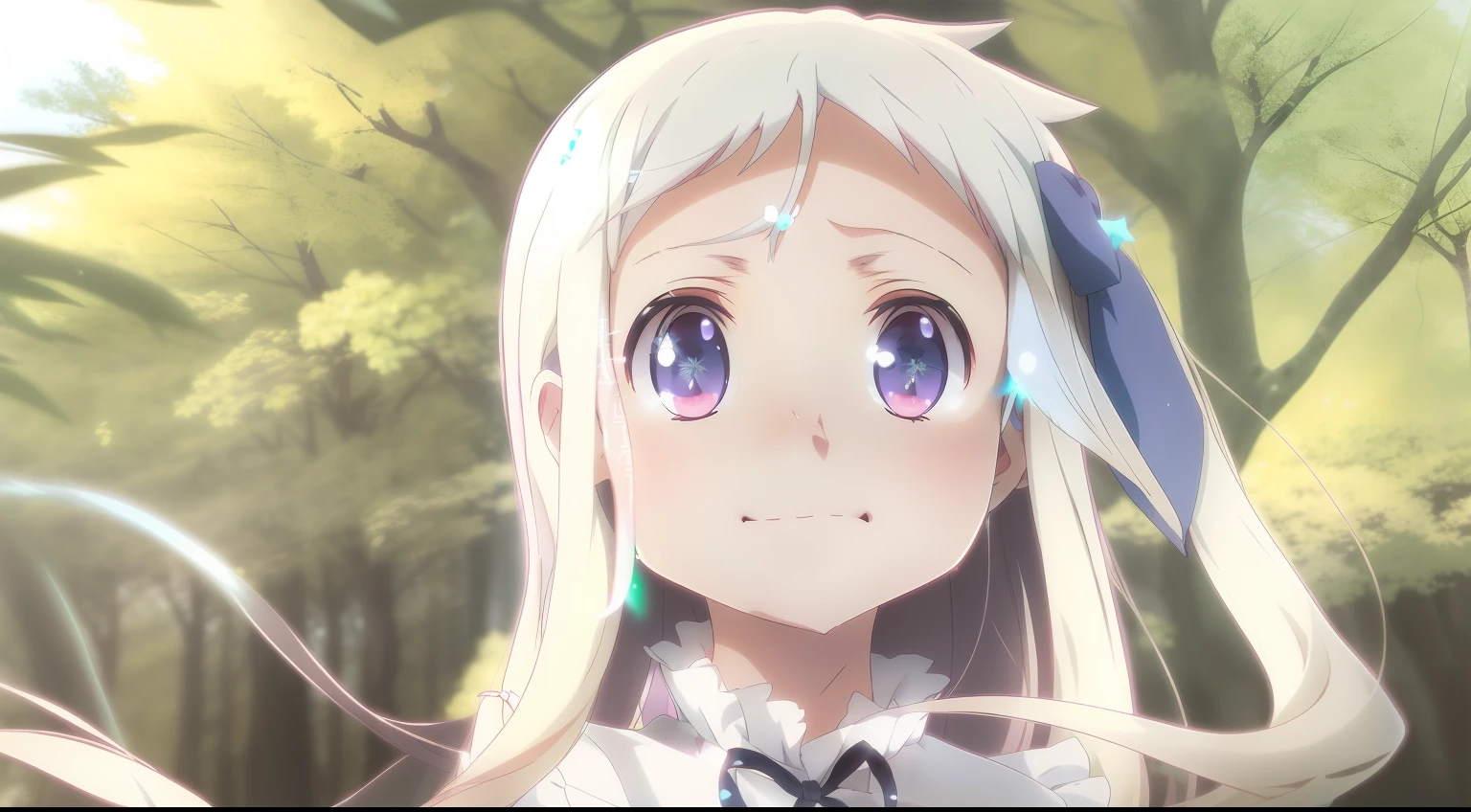 anime girl with long white hair and blue eyes in a forest, with huge luminous sad eyes, anime visual of a cute girl, cute natural anime face, anime best girl, she has a cute expressive face, slightly happy facial expression, extremely cute anime girl face, perfect anime face, cute anime face, in the anime film, anime girl named lucy, pretty anime face