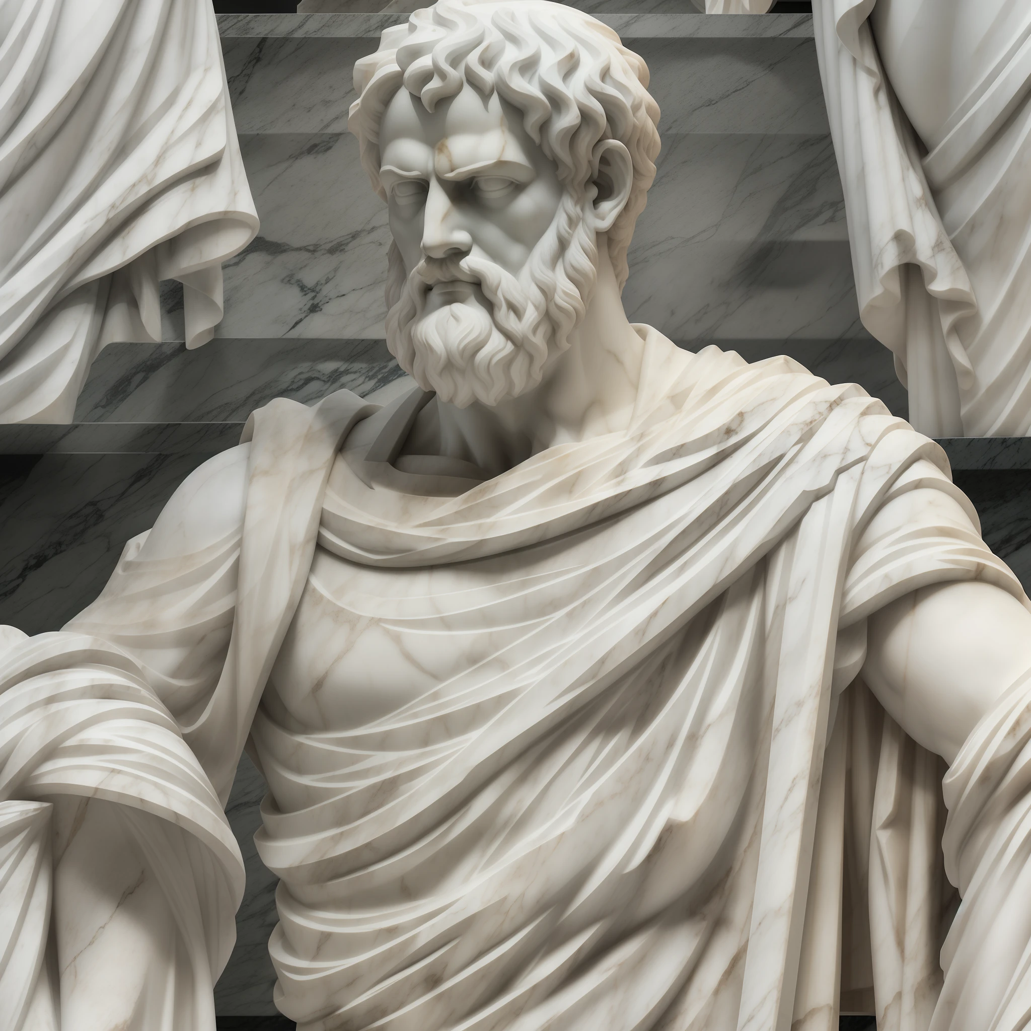 A realistic Greek white marble statue of the brave Aristotle detailed wearing a ghostly toga, fundo neutro, Moody, , fotorrealista, Jantar de cinema atencioso, super detalhada, Hiper realista, luzes brilhantes, 8 mil