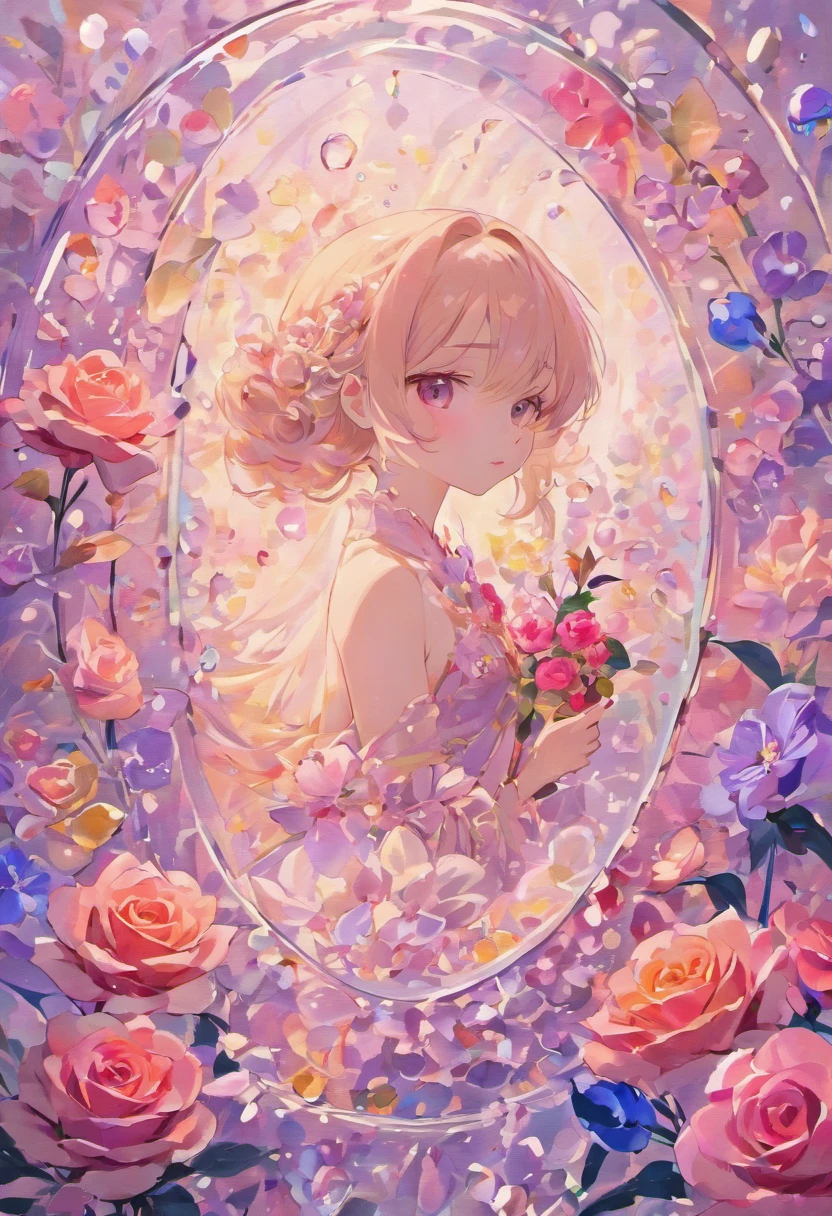 best quality,4k,8k,highres,masterpiece:1.2,ultra-detailed,realistic:1.37,purple roses in a bottle,oil painting,rich texture,scattered rose petals,pale pink lighting,romantic atmosphere,subtle fragrance,vibrant colors,exquisite details,transparent glass bottle,delicate strokes of the brush,meticulously crafted,dewdrops on the petals,reflection on the glass,freshly picked flowers,beautifully arranged bouquet,fine art,impressionistic style,petal-filled backdrop,fragile beauty,luxurious composition,soft focus,graceful curves