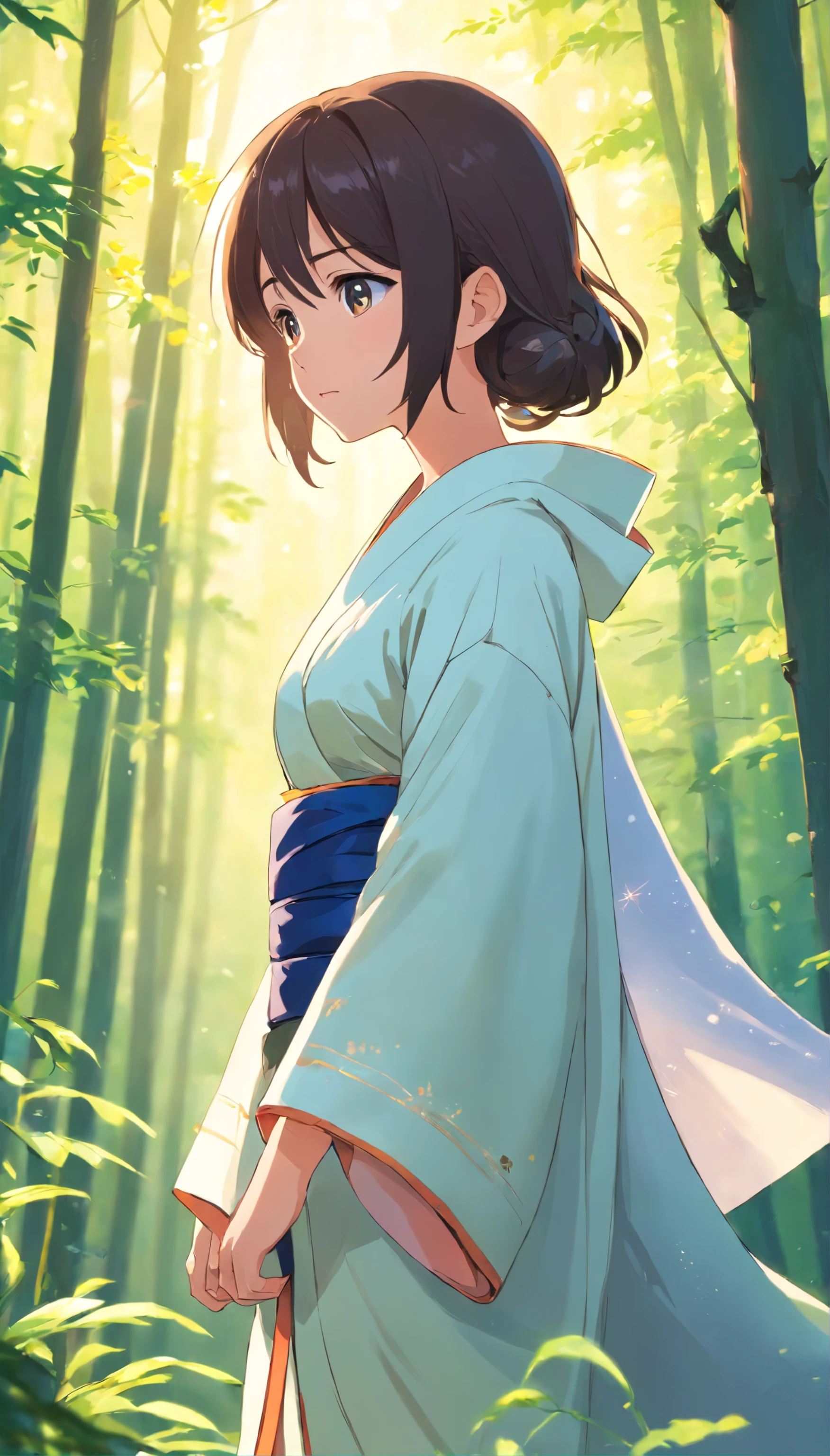 One wears an ancient Chinese robe,Young girl in a white shawl,beauitful face,Delicate makeup,shining brightly,Long black hair,Bright eyes,8K,Ultra-clear,infinite details,style of anime,High-quality graphics,looking at the distance,Slim,Chu Chu pitiful,the woods