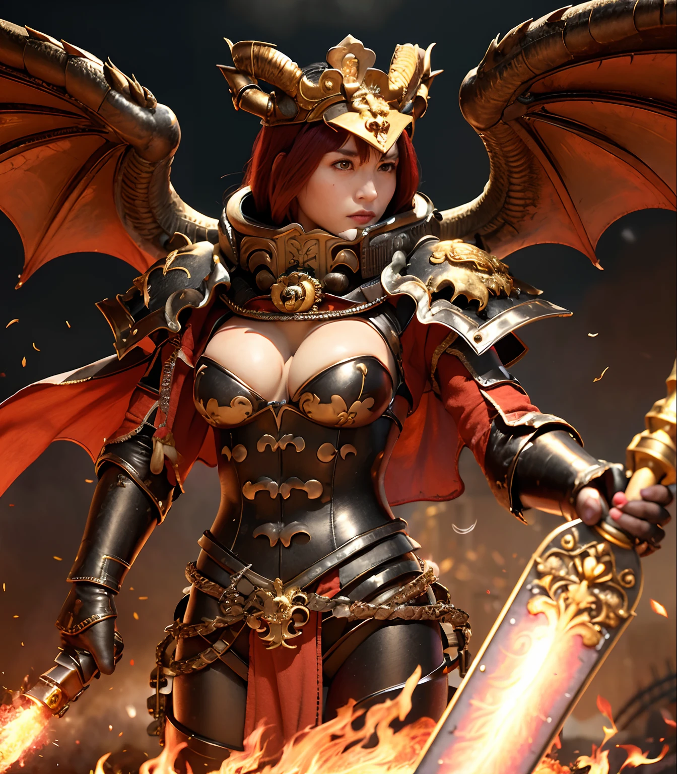 Professional , ​masterpiece、top-quality、photos realistic , depth of fields （Dragon Black Metal Body:1.９),(Matte Black、（cleavage of the breast）、（Fight dragons）、（Seductive look）、Particles of light、Dragon Gold Weapon、（bikini-armor),Gorgeous gold weapons ,（（ Dragon's dense and gorgeous sword）） , Beautiful knife   ,warhammer 40k , adepta sororitas,Detail and gorgeous crown、（（Red hair））、（Castle background）、The dragon、（（Gangle's forest background））、Beautiful Caucasian beauty、（１a person）、dynamic ungle,(((Detailed and ornate dragon helmet)))、Smaller head、Strange smile、Castle background、Thin and beautiful female hands、cleavage of the breast、Soldier in iron armor on background、Mystical expression、Light Effects、intense fighting、Wind-effect、magic circles、With the legendary magic wand、（demonic wings）、