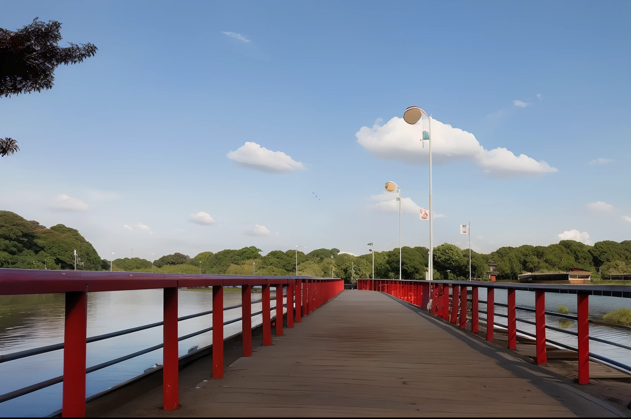 Anime aesthetics, paisagem de anime, Wooden bridge over a lake with a red railing, bridge over the water, Passagem, arredores da cidade, From a distance, ponte, A foto foi tirada de longe, Ponto de fuga da lente grande angular, Pontes e grades, standing on a bridge, inspirado em cultura japonesa, anime, estudio ghibli, estetica manga