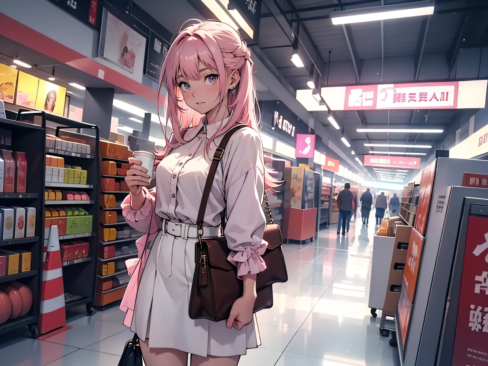 A beautiful girl，Twenty years old，Pink Long Hair，White color blouse，shyexpression，Look ahead，standing on your feet，in mall，Holding a satchel in his hand，Upper body display