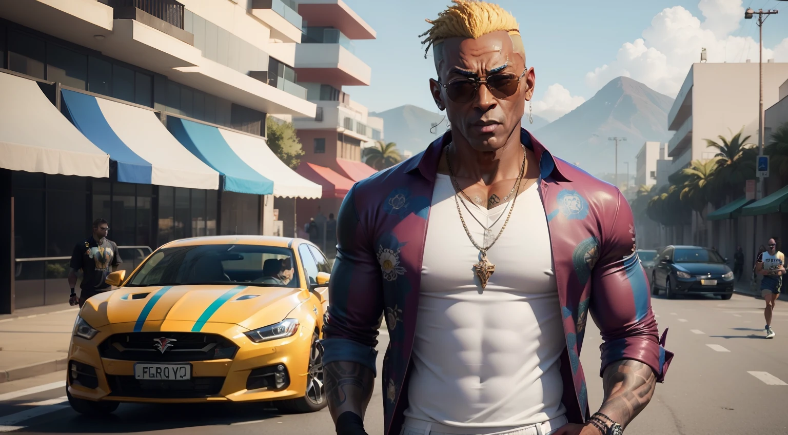 Man with a crown and sunglasses standing in a parking lot, gta personagem, como um personagem de gtav, GTA 6 estilo, gta 5 tom de pele, GTA V Estilo, neymar em gta v, gta v street style, gta v personagem, 2 k aesthetic, Estilo GTA5, vestindo uma camisa tie-dye, ( ( pele clara ) )