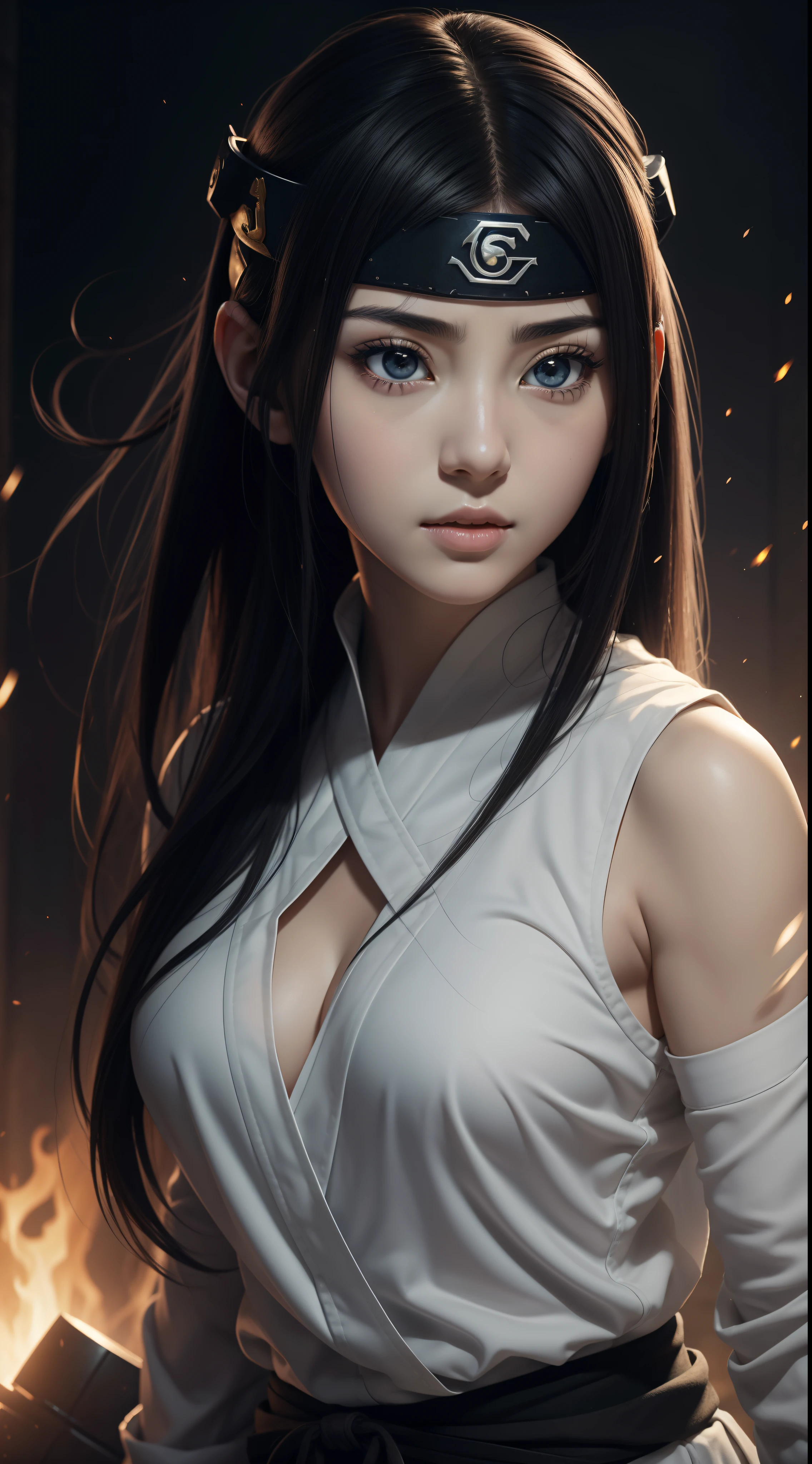 Hot portrait image, masterpiece, solo, extremely accurate rendering, cool beautiful Hinata Hyuga, light makeup, reliable young girl, savior of the world, simple design, best image, 8K, white eyes, same color as the original demon ninja.