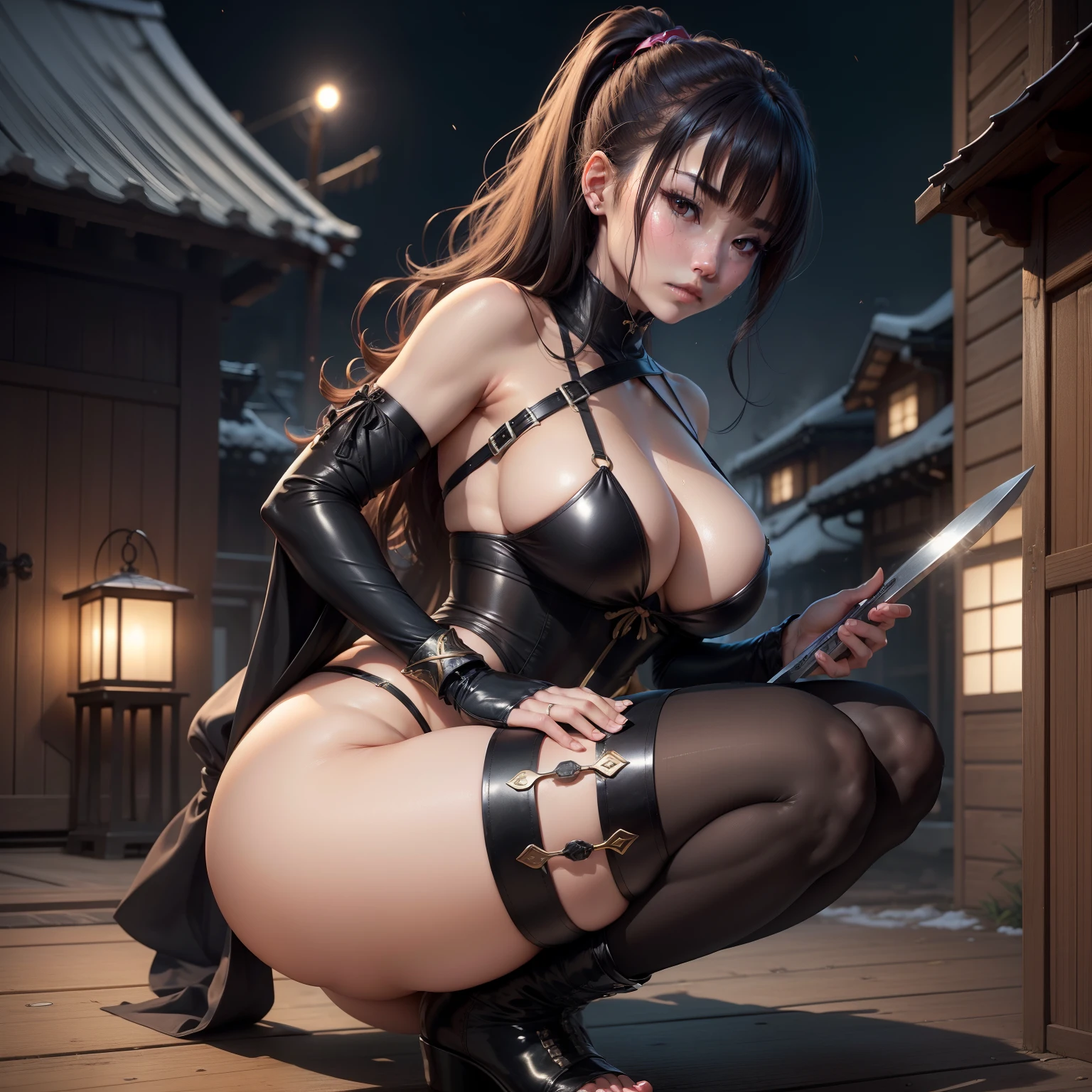 ((top-quality、hight resolution、masuter piece:1.2))Extraordinary beauty、a photo of a Japanese、well-groomed appearance、Female ninja、a captivating gaze、the perfect body、(large full breasts:1.2、Big ass:1.2))Holding a kunai in your hand、Get down on one knee、squatting with spread her legs、fully body photo、low angles、Facing the front、pov、Sweaty body、Townhouse at night、电影灯光、