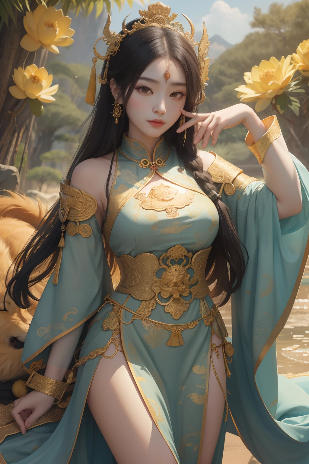 Beauty Chinese ancient style fox ears，Nine golden tails sprouted from his butt，stunning and beautiful，Sexy figure and seductive butt，CG animation，Ultra-realistic textures and ultra-high resolution， RAW photogr， tmasterpiece， hyper-detailing， 8K， hair in full detail， A high resolution， Best quality， 超A high resolution， The face and eyes are very detailed， （realistically：1.4）， looking at viewert， ssmile， Cute big breasts， （ray traycing：1.4）， （long leges：1.4）， Best quality， tmasterpiece， a plump buttocks， Complete details， Big breasts are beautiful， （（Hair is okay）） ， （（（18yr old）））， Thin lips， largeeyes， High- sharpness， Attractions， eBlue eyes， Slim waistline， 8K， 16k， A high resolution，
Information ancient chinese background elements