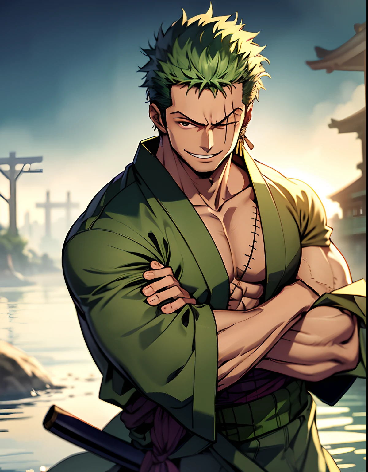 (masterpiece, best quality:1.2), cowboy shot, solo, male focus, 1boy, roronoa zoro, scar, muscular male, grin, looking at viewer, one eye closed, scar across eye, crossed arms, japanese clothes, green kimono