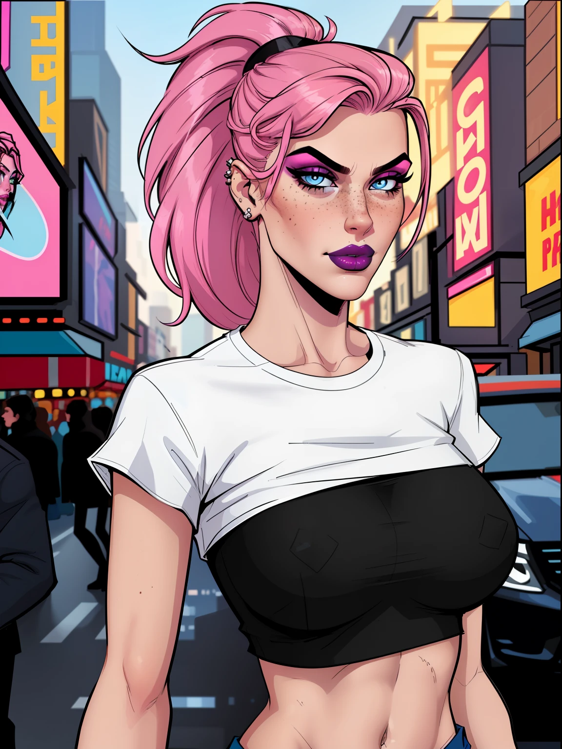 Close up of an adult supermodel woman face, at a busy cluttered (crowded city street) background, detailed background, daytime, pale blue eyes, detailed short burnt pink hair with ponytail, shaved sides haircut, freckles, blushing, (smouldering pouting expression), single eyebrow raised, eye shadow, black lipstick, pierced eyebrow, (big tits), wearing a (loose (graphic tshirt) crop top), detailed cloth folds, looking to the side, comic book style, flat colors, intricate comic book outline linework, sexy angular superheroine face