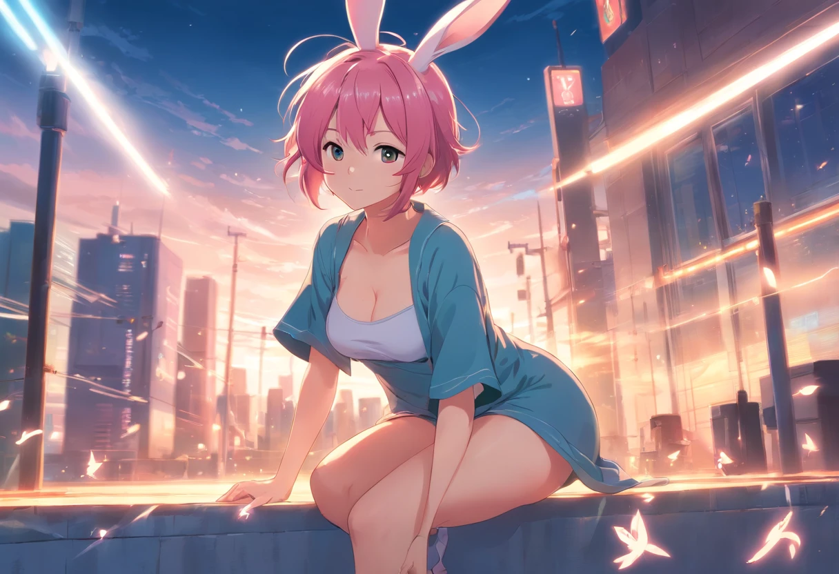 masutepiece, Best Quality, Finely detailed, High resolution, Extremely delicate and beautiful, (Bunny Girl), (Huge breasts+++),Clothes are turned over, Rabbit ears, A pink-haired, The sword