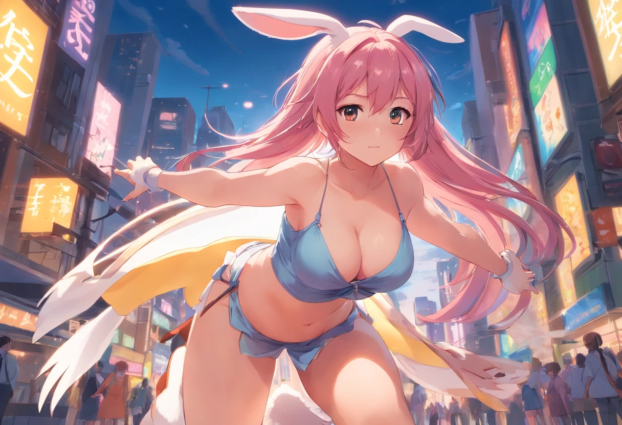 masutepiece, Best Quality, Finely detailed, High resolution, Extremely delicate and beautiful, (Bunny Girl), (Huge breasts+++),Clothes are turned over, Rabbit ears, A pink-haired, The sword