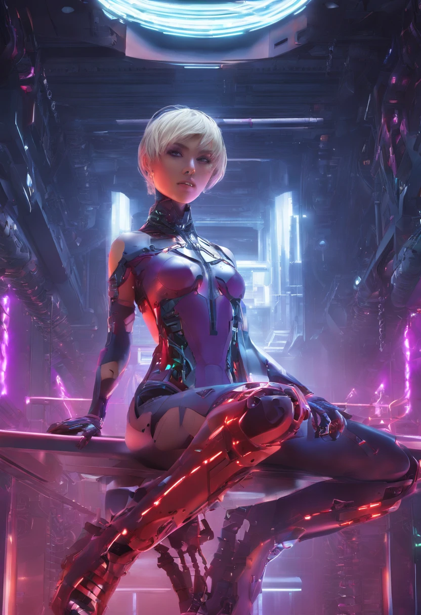 Zendaya, Top Quality, Masterpiece, Ultra High Resolution, (Photorealistic: 1.4), Raw Photo, 1 Girl, Blonde Hair, Glossy Skin, 1 Mechanical Girl, (Ultra Realistic Details)), Standing in cyberpunk Jail Cell, Global Illumination, Shadows, Octane Rendering, 8K, Ultra Sharp, Big, Cleavage Exposed Raw Skin, Metal, Intricate Ornament Details, Egyptian Details, Very intricate details, realistic light, CGSoation trend, purple eyes, glowing eyes, facing the camera, neon details, mechanical limbs, blood vessels connected to the tube, mechanical vertebrae attached to the back, mechanical cervical attachment to the neck, sitting, wires and cables connecting to the head, evangelion, small LED lamp, bright red Hitomi, indoor, (on_back), avrola prisoner, metal collar, shackles, slave, chains, shackles