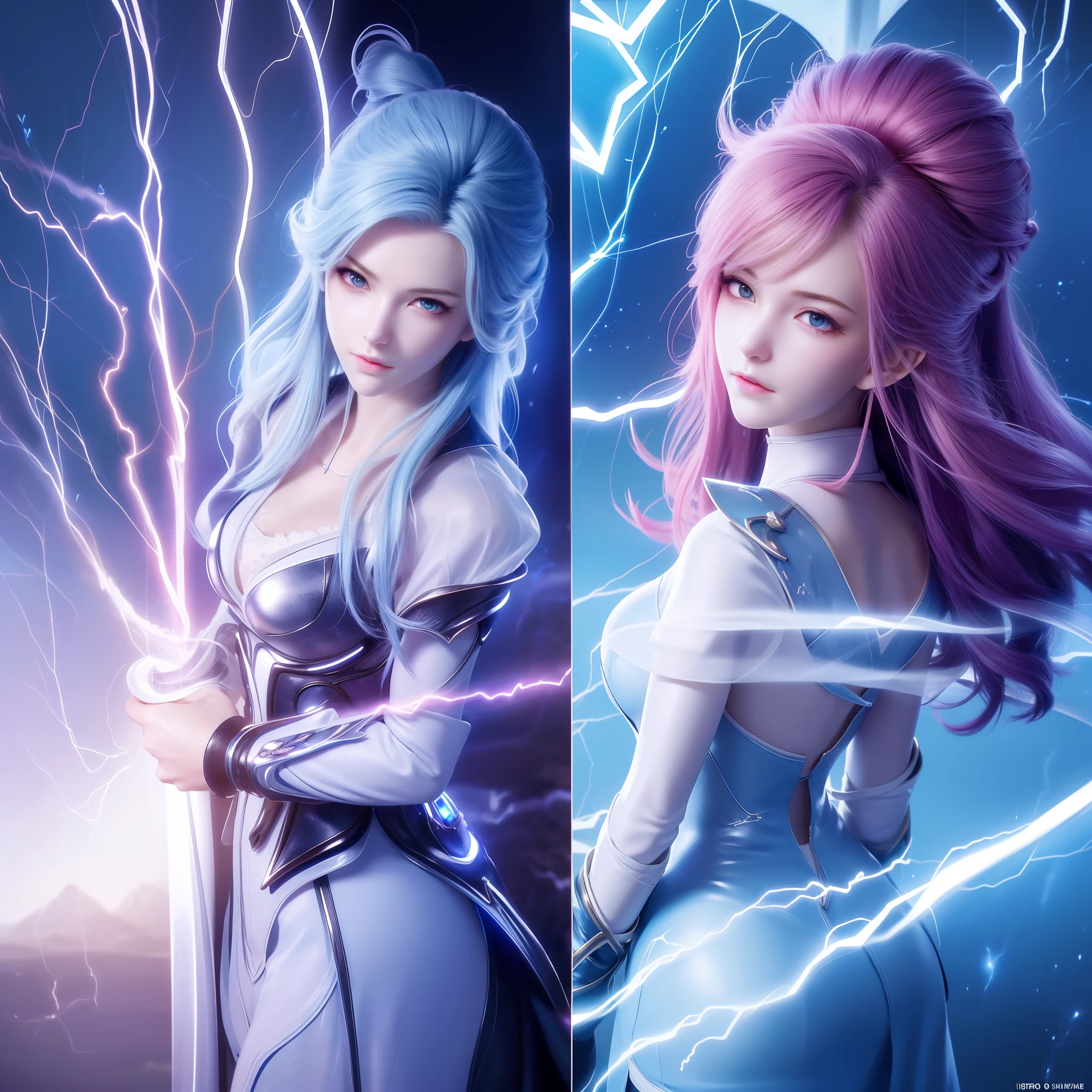 ((best quality)), ((masterpiece)), ((ultra-detailed)), (illustration), (detailed light), (an extremely delicate and beautiful),(cowboy shot),[(confrontation split screen theme)::0.4], (2 girls:1.25)
/=
(left-sideand red hair and(Lightning strike and (Electric shock:1.25)))>),(Detailed anime face),glowing pupil,
/=
(Back to back:1.2),(yuri:0.8),(Lightning-pov:1.3),
/=
(right-sideand blue hair and (Lightning strike and (Electric shock:1.25)))>),(Detailed anime face),glowing pupil,
/=
(night sky background),(cloudy sky),((electricity)),((wind)),Depth of Field,best-lighting,volumetric-light,