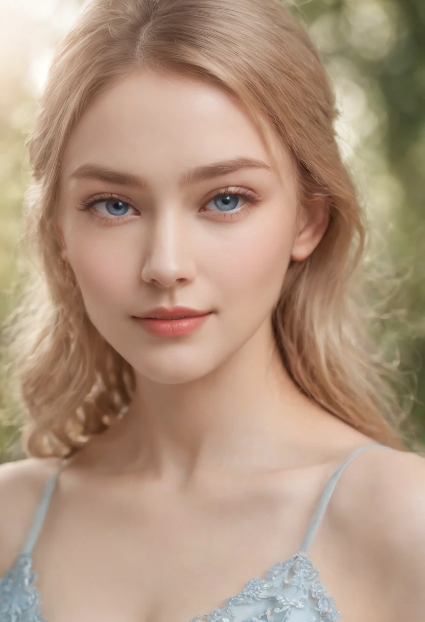 Ultra photo realsisim，Light blue thin long dress，poster for，Hyper-realistic，Hyper Real，Gaze at an 18-year-old girl in the distance，Blonde hair，Sapphire eyes，Delicate facial features1.3，Delicate fingers，The eyes are hopeful，ssmile，（Sunshine 1.5）Super light and shadow，Extreme light chasing，（Delicate skin1.5），Photorealistic photos，closeup cleavage，（Side face telephoto 1.2）