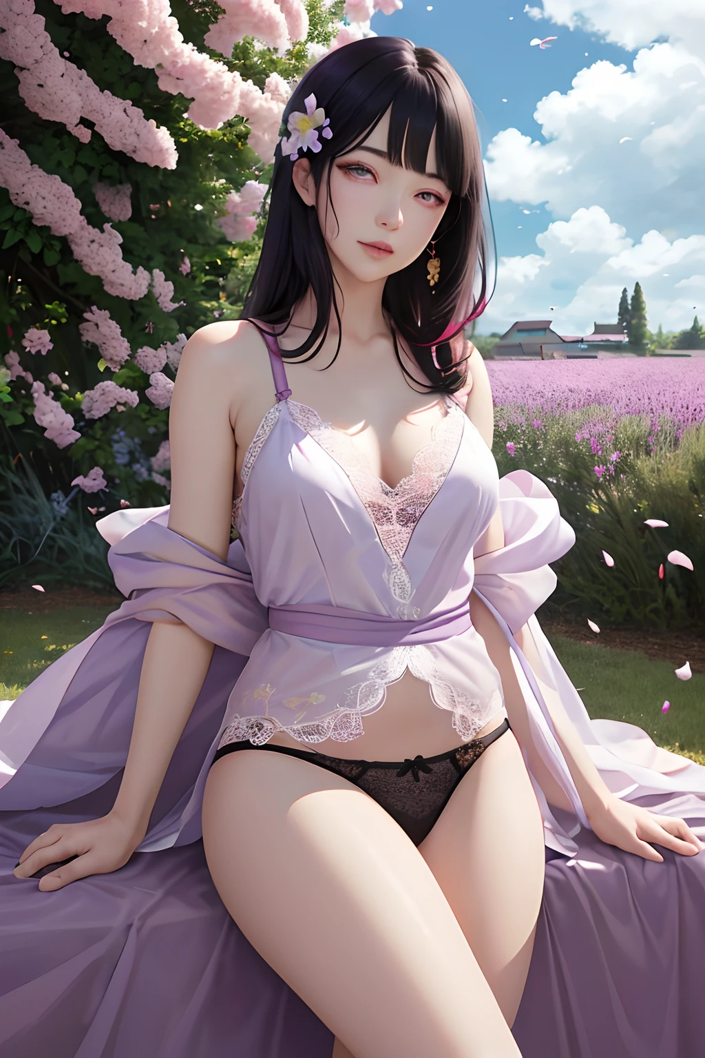 tmasterpiece, hoang lap, hyouka\(Boruto\), 1girll, 独奏,Mature and sexy female, Purple lace lingerie,Lace mature panties,Alvine,exteriors,Lavender flower field, looking at viewert, (Falling petals), mostly cloudy sky, perfect compositions, Detailed lips,, beauitful face, Body support, Be red in the face, (redish pink lips), long whitr hair, a purple eye, Soft gaze, Sad smile, Super realistic, A detailed, photoshoot, Realistick faces and bodies, photo-realistic hair, photorealistic eye,realistic nose,realistic lips
