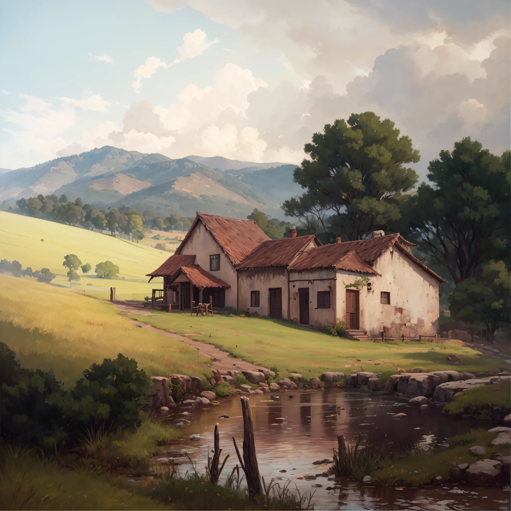 painting of a rural scene with a house and a stream, paisagem rural, country landscape, beautiful oil matte painting, Rural area, Directed by: Victor Meirelles, no campo, Directed by: Rodolfo Escalera, by Roberto Parada, Directed by: Victor Adame Minguez, paisagem arejada, Directed by: Carlos Francisco Chang Marin, near farm, Directed by: Herbert MacNair