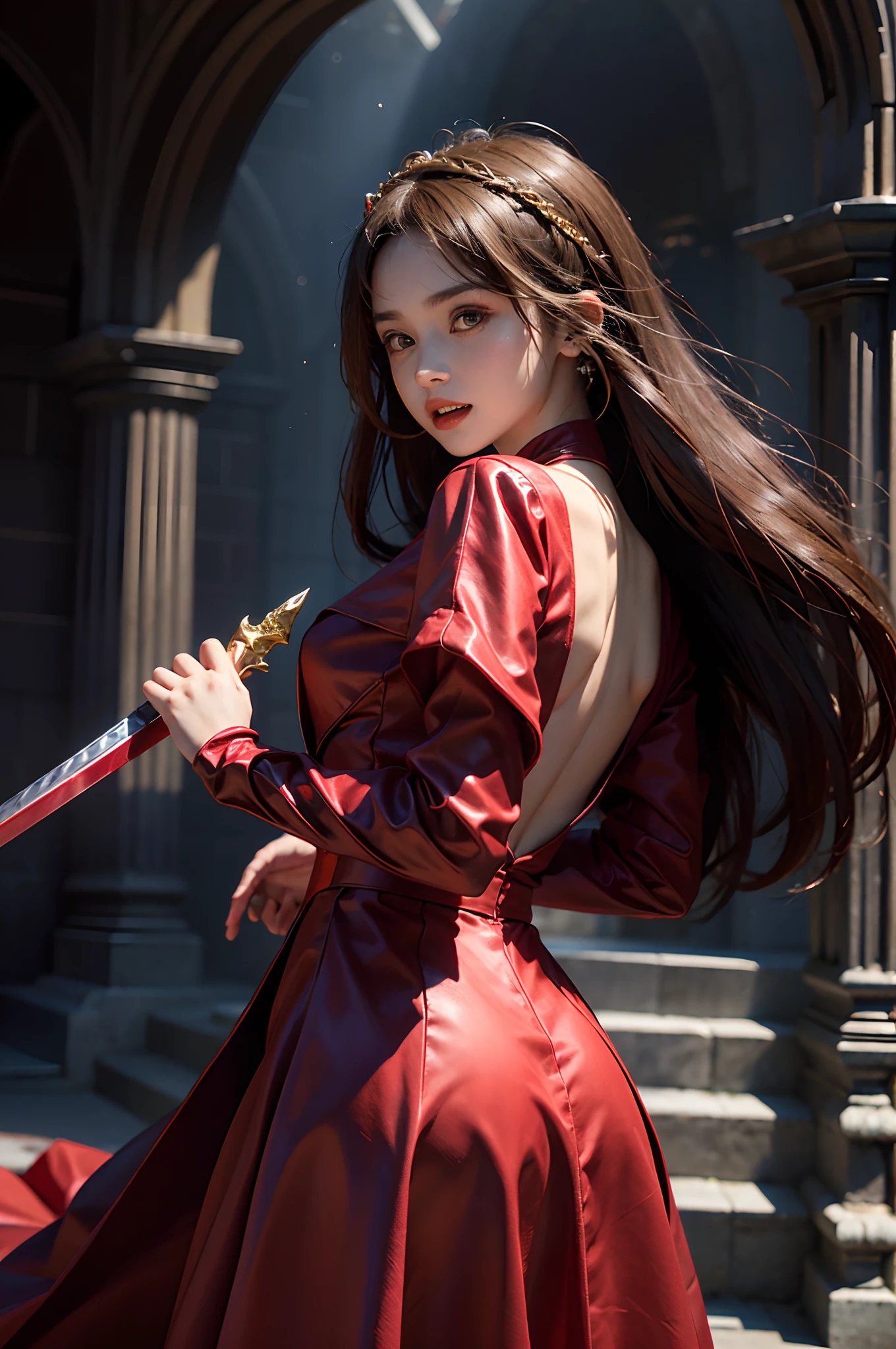 ultra-wide-angle,Super telephoto,Little girl in red,In his right hand he holds a golden sword encrusted with precious stones,(Girl's Back 1.6)in front of him,It is an incomparably huge demon,Sharp teeth,Blood at the corners of the mouth。,bravery,Hyper-realistic,Super light and shadow,Super texture,(Delicate skin 1.5)Ultra-fine model,Tragic atmosphere,Fearless spirit,Dark Department,red long skirt,Thick brown hair,(Light and shadow 1.3)The artistic sunlight above the head shines directly on the little girl's head(Sunshine 1.3)(Blood dripping from the corners of the mouth in front of him,Fangs, sharp teeth, fierce monster 1.5)