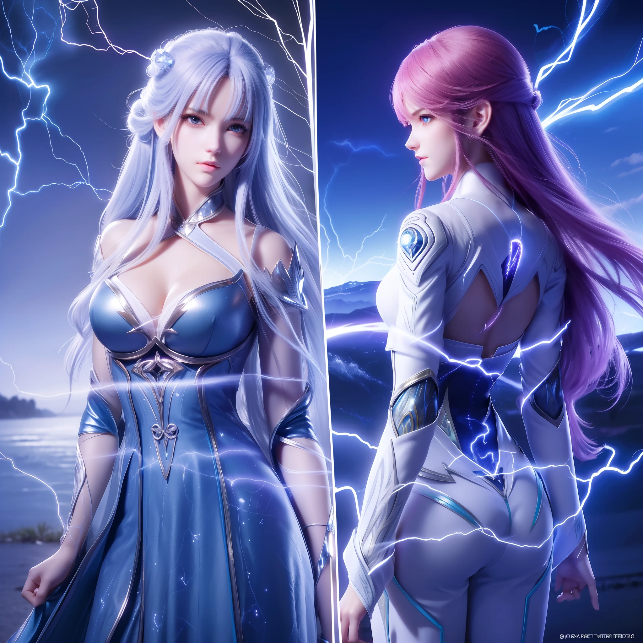 ((best quality)), ((masterpiece)), ((ultra-detailed)), (illustration), (detailed light), (an extremely delicate and beautiful),(cowboy shot),[(confrontation split screen theme)::0.4], (2 girls:1.25)
/=
(left-sideand red hair and(Lightning strike and (Electric shock:1.25)))>),(Detailed anime face),glowing pupil,
/=
(Back to back:1.2),(yuri:0.8),(Lightning-pov:1.3),
/=
(right-sideand blue hair and (Lightning strike and (Electric shock:1.25)))>),(Detailed anime face),glowing pupil,
/=
(night sky background),(cloudy sky),((electricity)),((wind)),Depth of Field,best-lighting,volumetric-light,