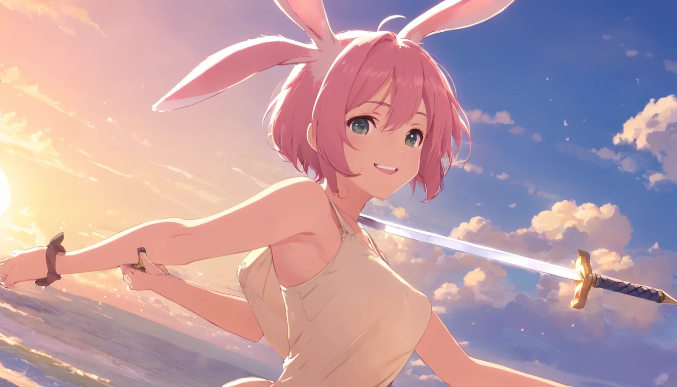 masutepiece, Best Quality, Finely detailed, High resolution, Extremely delicate and beautiful, (Bunny Girl), (Huge breasts+++),Clothes are turned over, Rabbit ears, A pink-haired, The sword, Smiling mouth