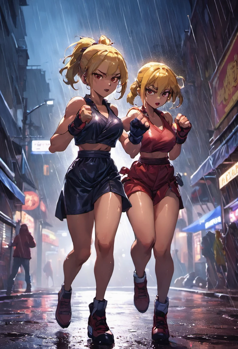 2girls,(double knockdown), in a rain soaked street at night, photorealistic, cinematic lighting
