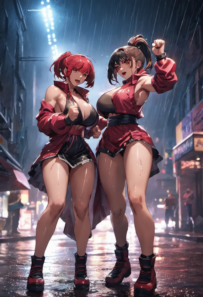2girls,(double knockdown), in a rain soaked street at night, photorealistic, cinematic lighting