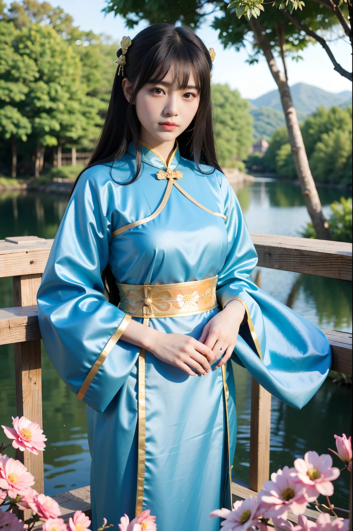 Asian women dressed in traditional tulle attire pose for a group photo, Hanfu, Anime cosplay, Anime girl cosplay, ， A girl in a transparent Chinese dress, Black and light blue silk garment, Chinese costume, with acient chinese clothes, CLASSICSTYLE, Wearing ancient Chinese clothes, Chinese style, White Hanfu, traditional garb, cosplay foto，Standing on a small bridge，Mountains and flowers in the background