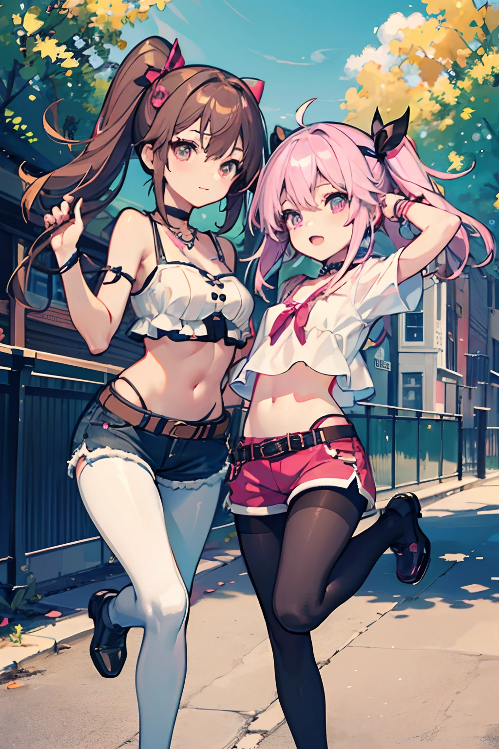 ,twins, Masterpiece,Best quality,offcial art,Extremely detailed Cg Unity 8K wallpaper, 2girls, cute female ,  hair adornments, Short shorts, Crop top, ribbon_choker necklace, leg belt,Pantyhose