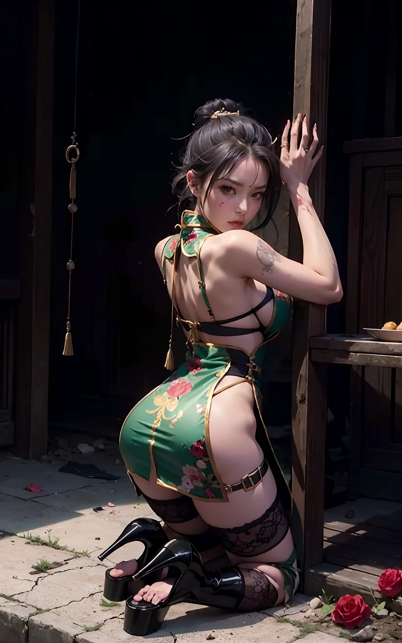 （best qualtiy），（solo person++），（（Kneeling pose，Point at you with your ass+））Mature mature woman，(Broken cheongsam)，(Female captive+)，Flirtatious，(Black buns+)，huge tit，(high-heels+)，(low head)，blood stain，Wounds on the neck，(Full body binding+，Bind your hands)，(execute+)(Women cut off their heads)，(anvil，behead+)，Decapitation ceremony，Normal posture，Normal posture