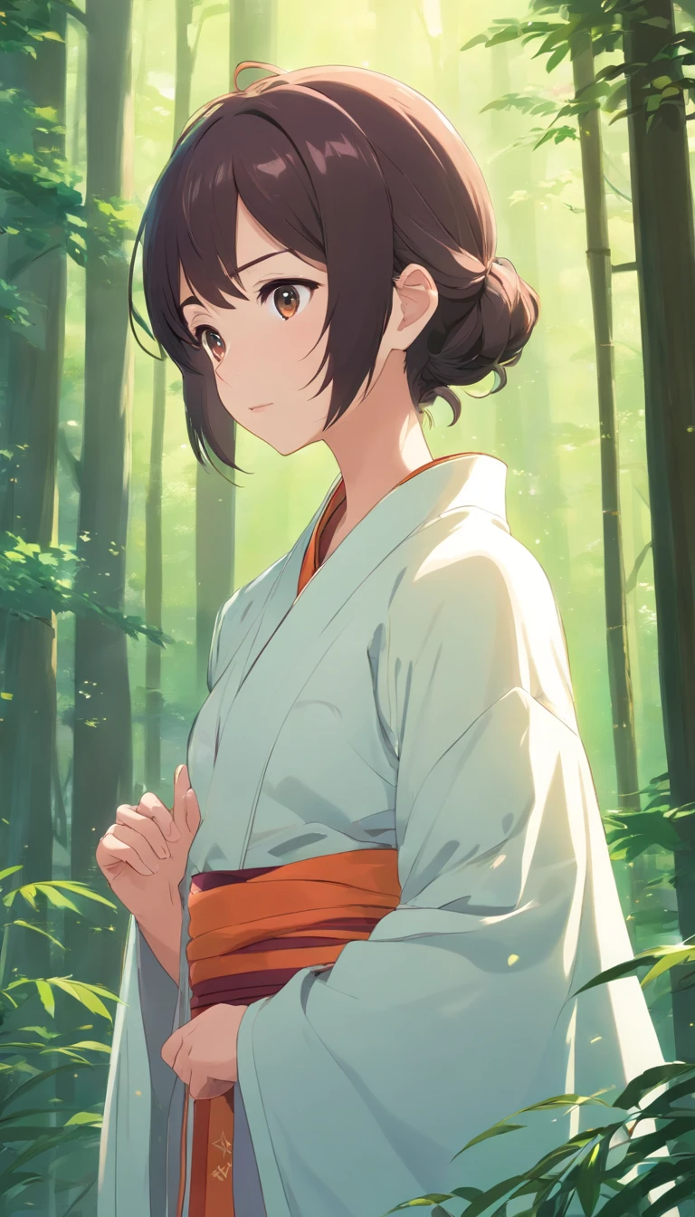 A man wears an ancient Chinese robe，Young girl in white shawl，Cobweb elements，beauitful face，Delicate makeup，shining brightly，Long black hair，Bright eyes，8K，Ultra-clear，infinite details，style of anime，High-quality graphics，looking at the distance，Slim，Chu Chu pitiful，the woods