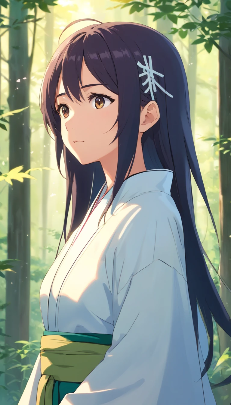 A man wears an ancient Chinese robe，Young girl in white shawl，Cobweb elements，beauitful face，Delicate makeup，shining brightly，Long black hair，Bright eyes，8K，Ultra-clear，infinite details，style of anime，High-quality graphics，looking at the distance，Slim，Chu Chu pitiful，the woods