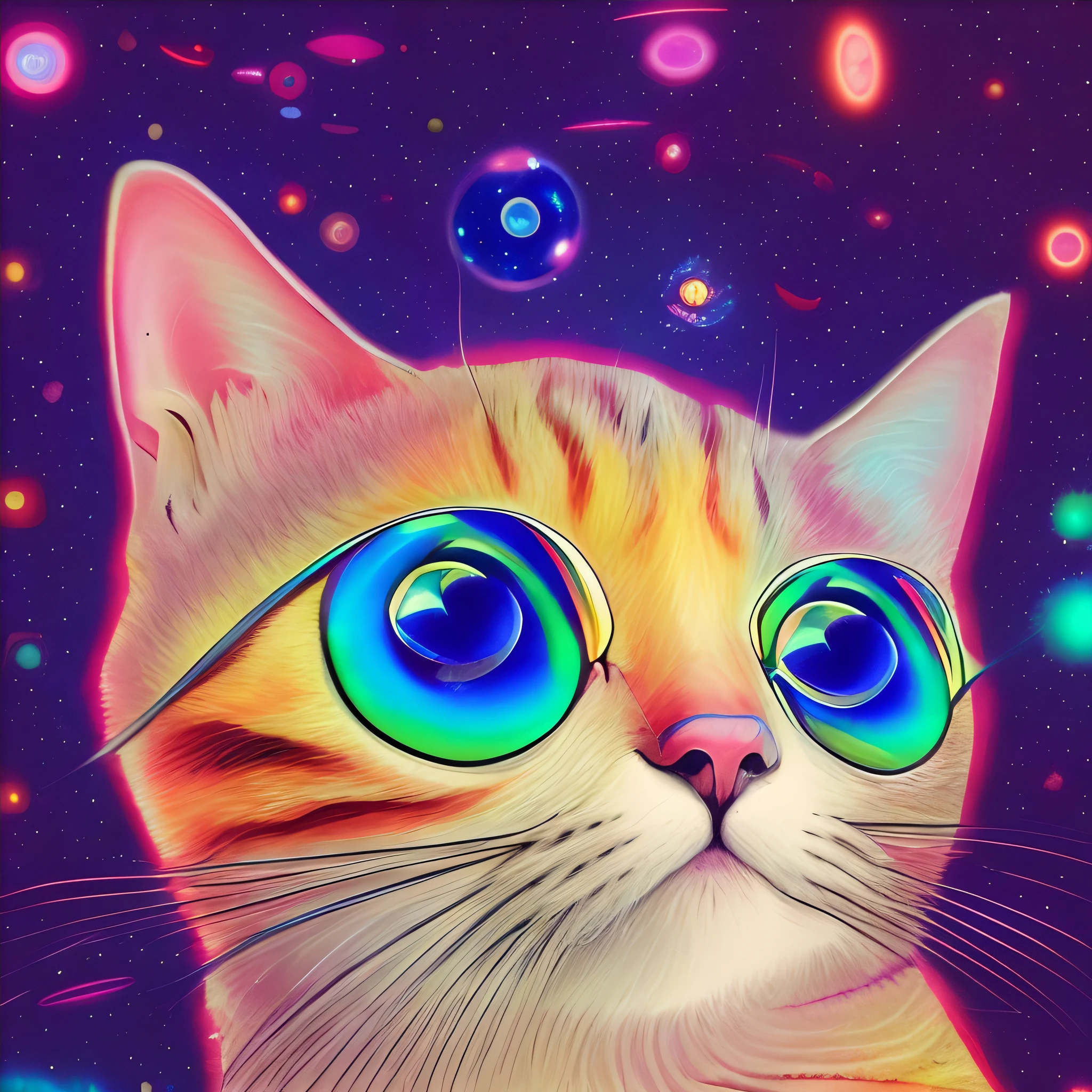 brightly colored cat with bright eyes and a colorful background, space cat, cat in space, its a deep dream, cat from the void, beeple and jeremiah ketner, beautiful neon cats, kittens in outer space, 🐋 as 🐘 as 🤖 as 👽 as 🐳, cute detailed digital art, dream animal cute eyes, trippy art, cute digital art