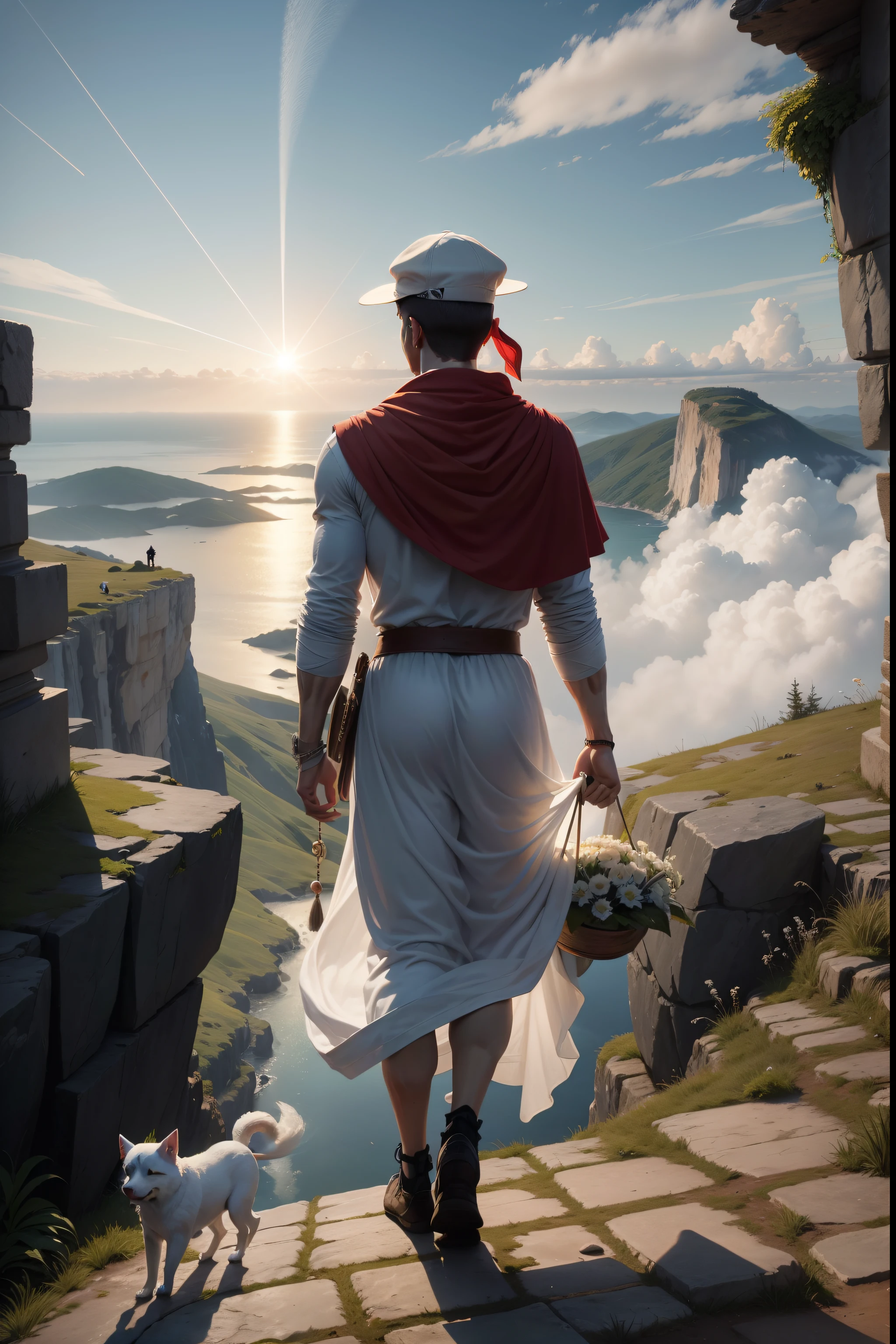 Greek mythology-style tarot card of an athletic young man (Visto de frente) Walking on the edge of a cliff, roupas leves e curtas em tons verde-claro, chinelo de dedo, a white flower in one hand, a happy little white dog right behind him, Red cap with a feather and a bundle of clothes in the other hand. Dia iluminado por um sol brilhante, montanhas ao fundo. Na parte esquerda da imagem mais aberta, sem pedras.