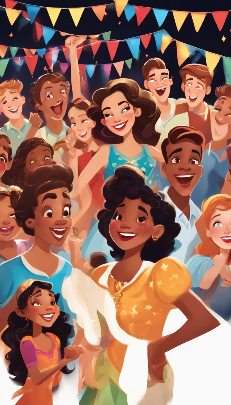 Poster artwork, s party, singing, boys and girls, dancing, happy, celebration, disney style, vibrant, dynamic, high resolution, 16k,