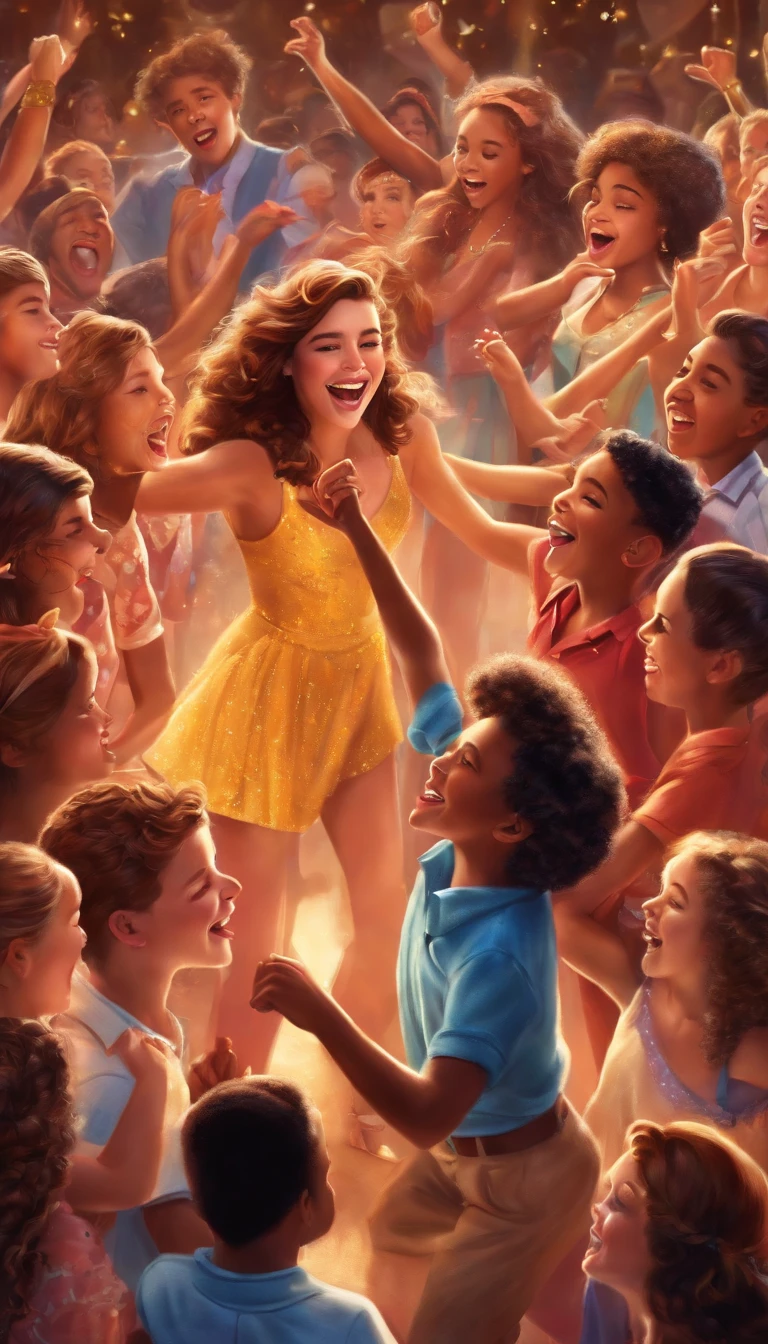 Poster artwork, Teens party, singing, boys and girls, dancing, happy, celebration, disney style, vibrant, dynamic, high resolution, 16k,