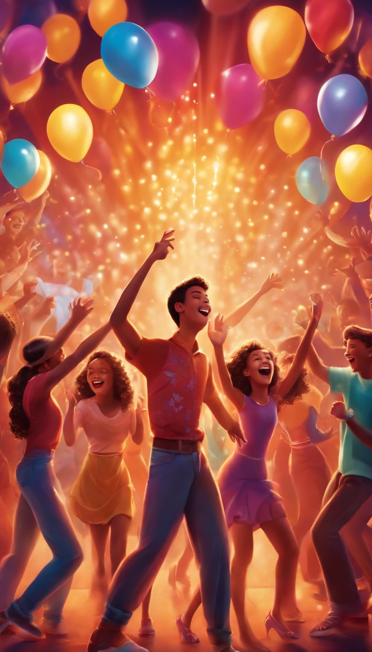 Poster artwork, s party, singing, boys and girls, dancing, happy, celebration, disney style, vibrant, dynamic, high resolution, 16k,