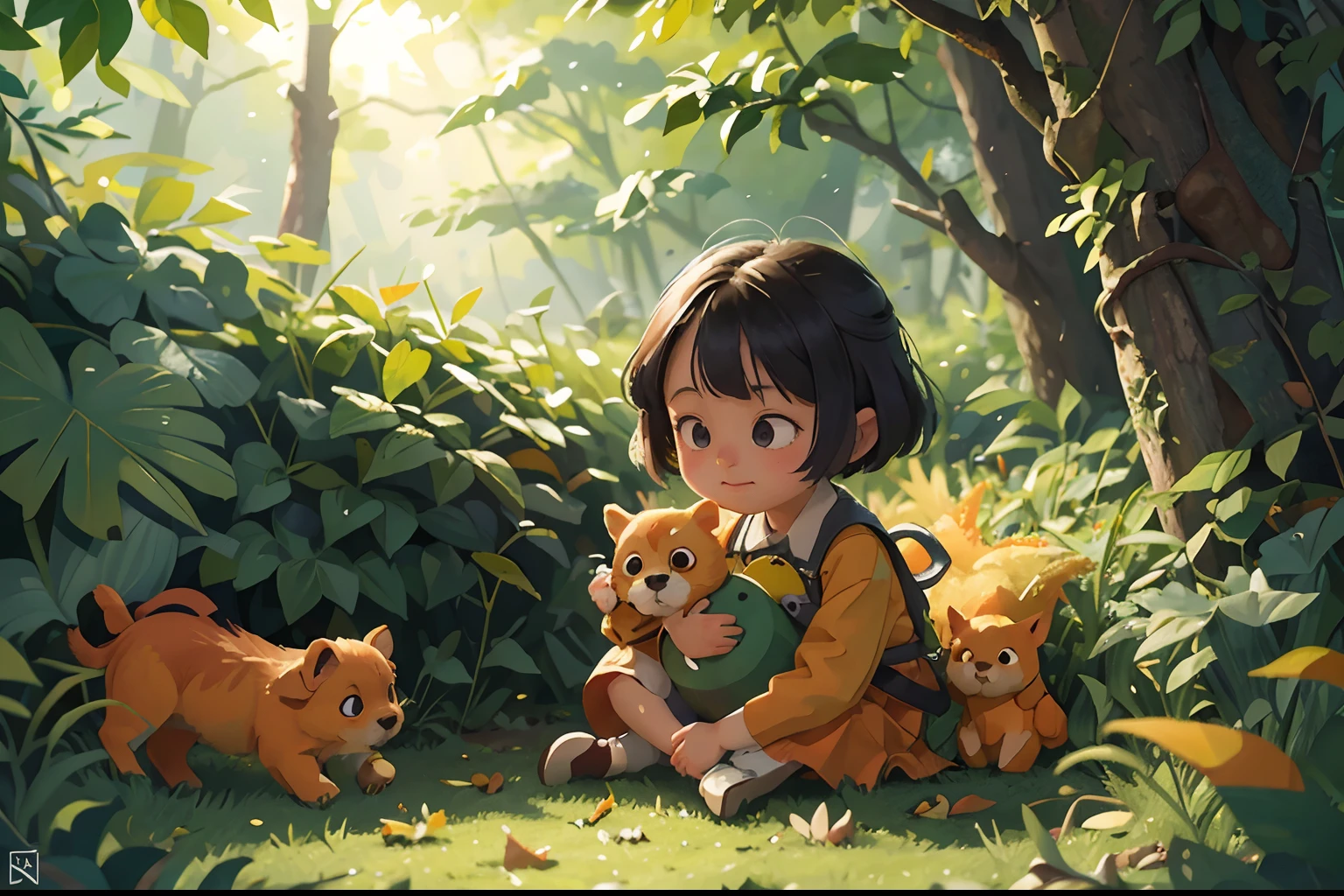 Foliage,ginko,Level,Foliage,green color,Orange colors,amarelo,illustration,high definition detail,Textured,planar, girl and a cute puppy,warm,Warm,Childhintricate,ultra - detailed,tmasterpiece,
