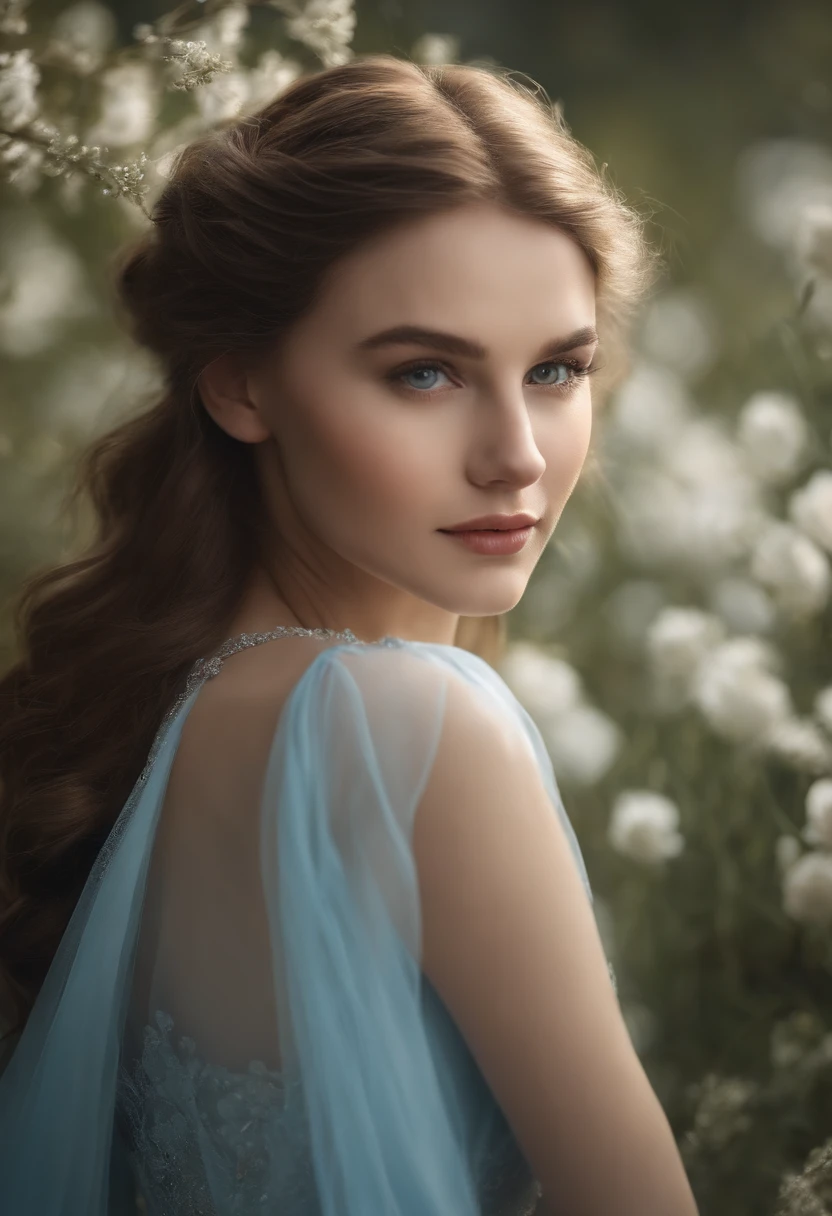 Ultra photo realsisim,Light blue thin long dress,poster for,Hyper-realistic,Hyper Real,Gaze at an 18-year-old girl in the distance,cabellos largos dorados,Sapphire eyes,Delicate facial features1.3,Delicate fingers,Eyes full of hope,ssmile,(Sunshine 1.5)Super light and shadow,Aurora chase,(Delicate skin1.5),Photorealistic photos,closeup cleavage,(Upper body close-up 1.3)(Light blue flower sea background)(Gentle lighting)(Side face 45 degree angle 1.5)