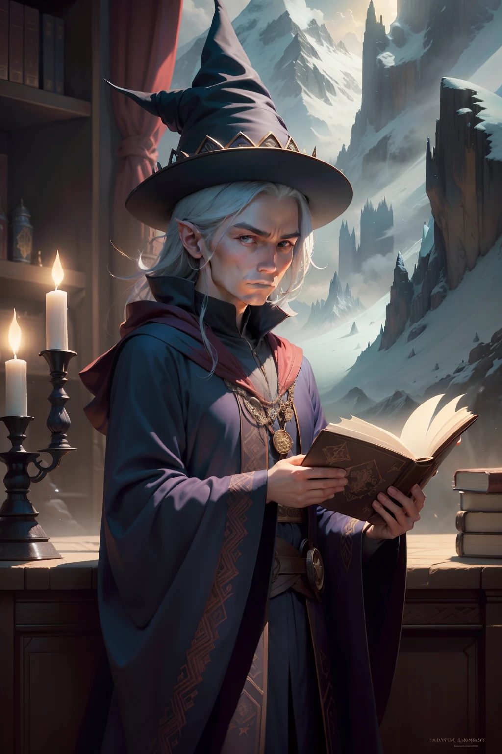 A mysterious male wizard, wearing a robe and pointy hat, standing behind a table, holding an open book, background is a single mountain in distance, mood is diplomatic, regulated, temperate, daytime light, character design, art by Mark Ryden, Greg Simkins, Jason Limon, Dan Quintana.