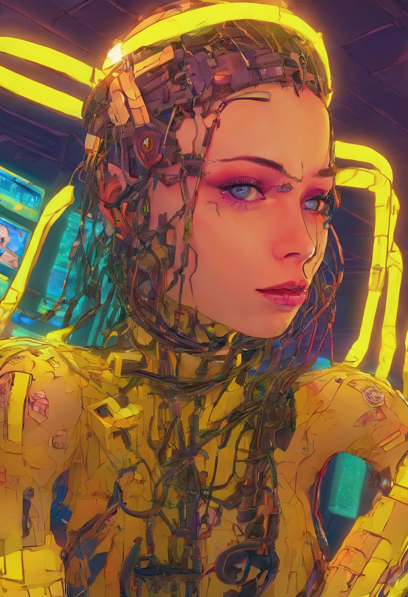 Scarlett Johansson, Top Quality, Masterpiece, Ultra High Resolution, (Photorealistic: 1.4), Raw Photo, 1 Girl, Neon Yellow and Black Hair, Glossy Skin, 1 Mechanical Girl, (Ultra Realistic Details)), Standing in cyberpunk Jail Cell, Global Illumination, Shadows, Octane Rendering, 8K, Ultra Sharp, Big, Cleavage Exposed Raw Skin, Metal, Intricate Ornament Details, Egyptian Details, Very intricate details, realistic light, CGSoation trend, purple eyes, glowing eyes, facing the camera, neon details, mechanical limbs, blood vessels connected to the tube, mechanical vertebrae attached to the back, mechanical cervical attachment to the neck, sitting, wires and cables connecting to the head, evangelion, small LED lamp, (((wet skin)), bright red Hitomi, indoor, (on_back), avrola prisoner, metal collar, shackles, slave, chains, shackles,