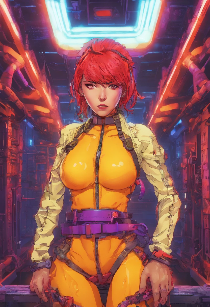 Scarlett Johansson, Top Quality, Masterpiece, Ultra High Resolution, (Photorealistic: 1.4), Raw Photo, 1 Girl, Neon Yellow and Black Hair, Glossy Skin, 1 Mechanical Girl, (Ultra Realistic Details)), Standing in cyberpunk Jail Cell, Global Illumination, Shadows, Octane Rendering, 8K, Ultra Sharp, Big, Cleavage Exposed Raw Skin, Metal, Intricate Ornament Details, Egyptian Details, Very intricate details, realistic light, CGSoation trend, purple eyes, glowing eyes, facing the camera, neon details, mechanical limbs, blood vessels connected to the tube, mechanical vertebrae attached to the back, mechanical cervical attachment to the neck, sitting, wires and cables connecting to the head, evangelion, small LED lamp, (((wet skin)), bright red Hitomi, indoor, (on_back), avrola prisoner, metal collar, shackles, slave, chains, shackles,